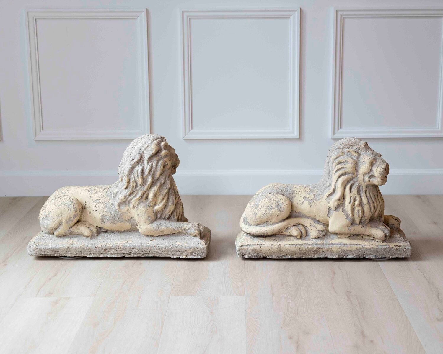 English 20th Century Pair of Composition Reclining Lion Sculptures with Patina - JAA