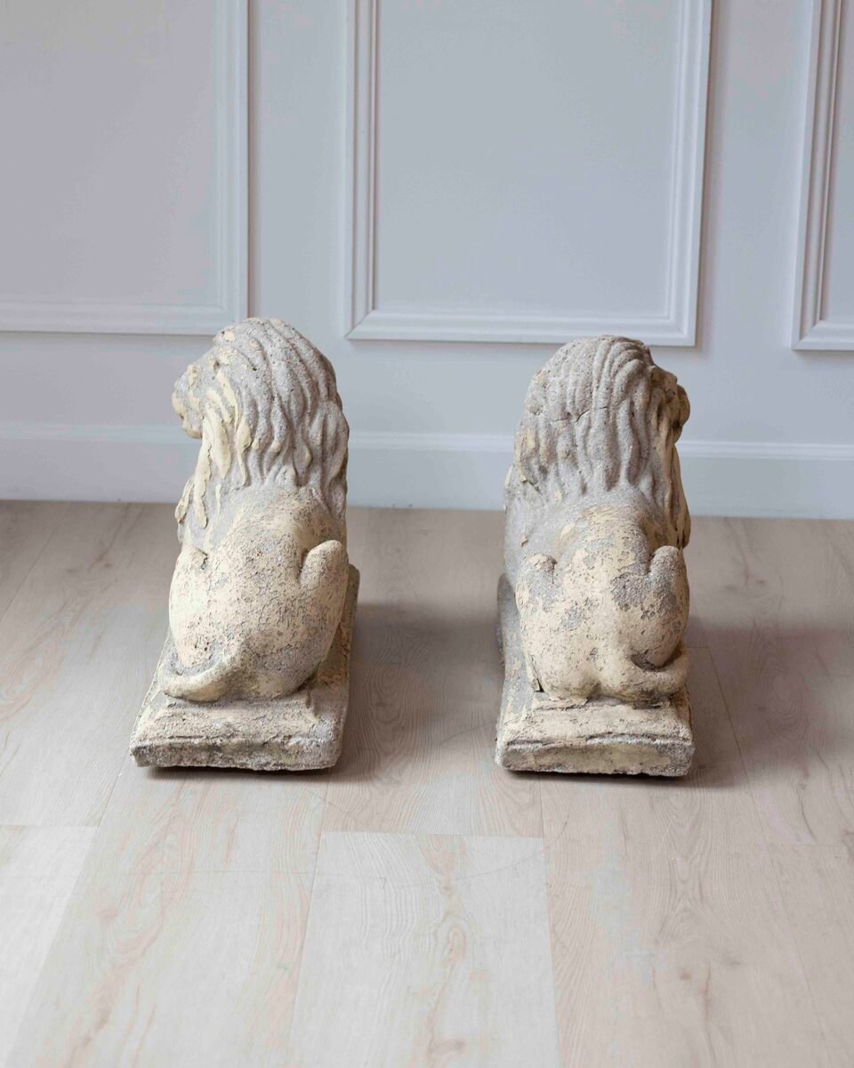 English 20th Century Pair of Composition Reclining Lion Sculptures with Patina - JAA