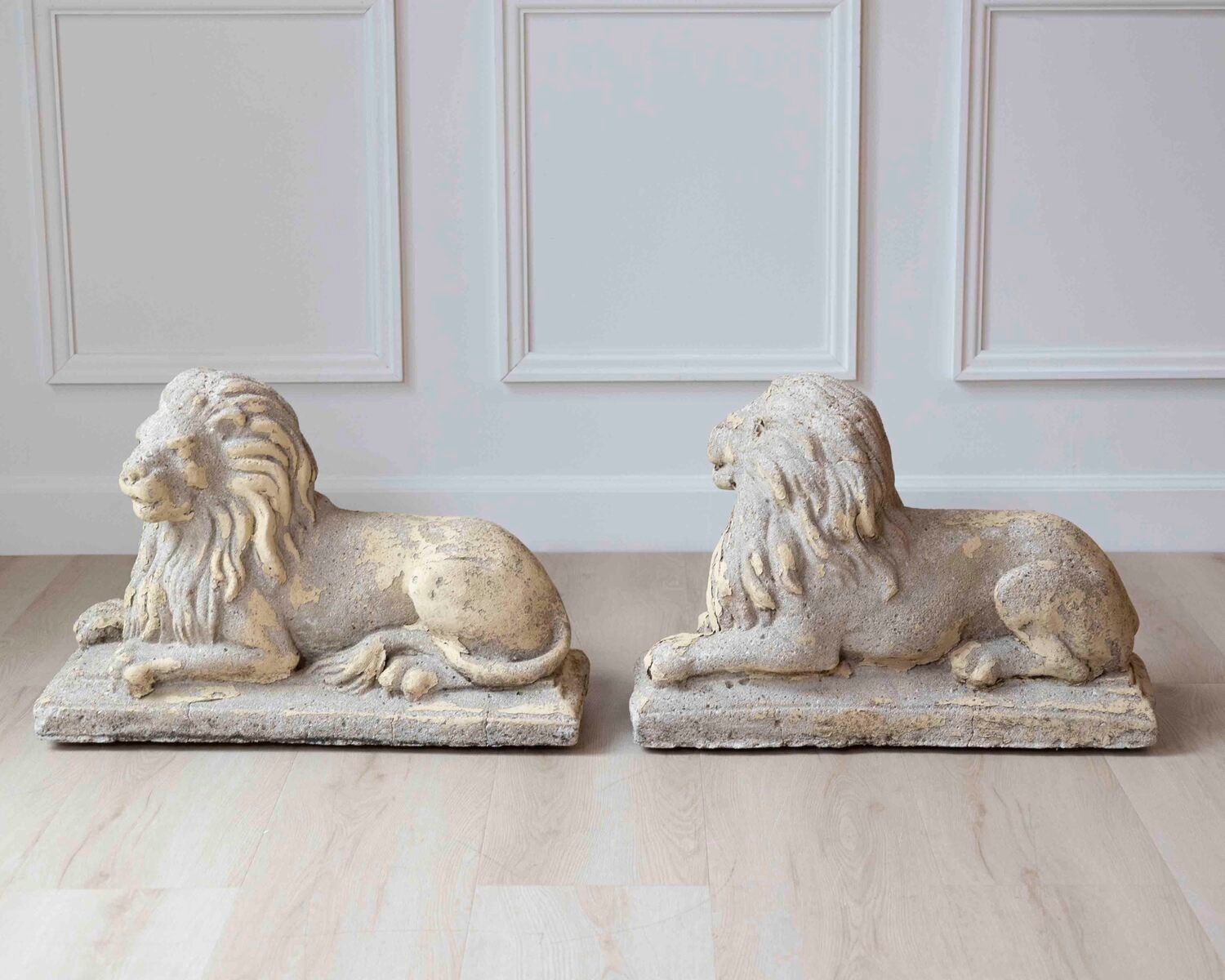 English 20th Century Pair of Composition Reclining Lion Sculptures with Patina - JAA