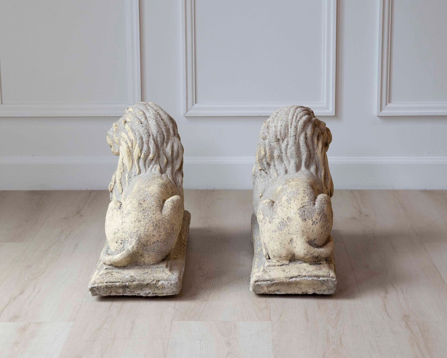 English 20th Century Pair of Composition Reclining Lion Sculptures with Patina - JAA