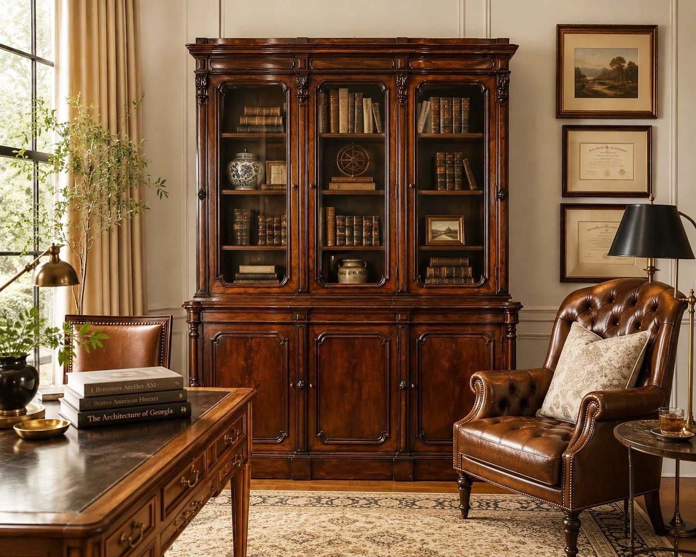 Antique bookcase in a paneled golf cottage study - Lake Country Lookbook