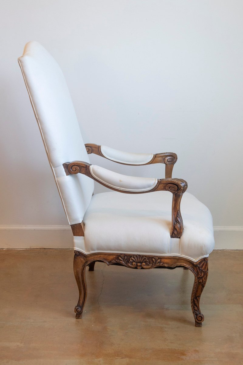 French 1840s Louis XV Style Walnut Fauteuil with Carved Accents and Upholstery - JAA