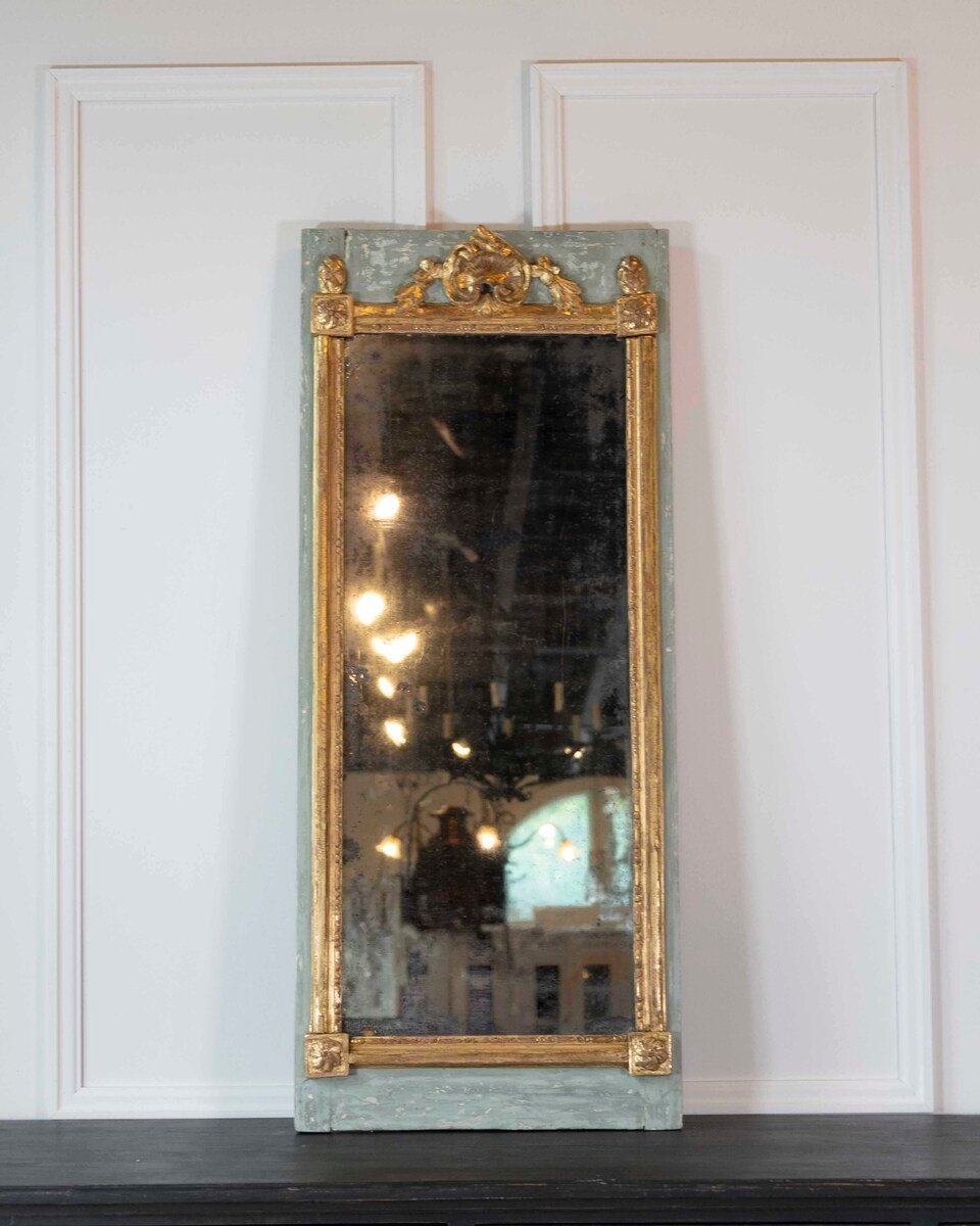 French 18th Century Carved Giltwood Mirror with Painted Boiserie Panels - JAA