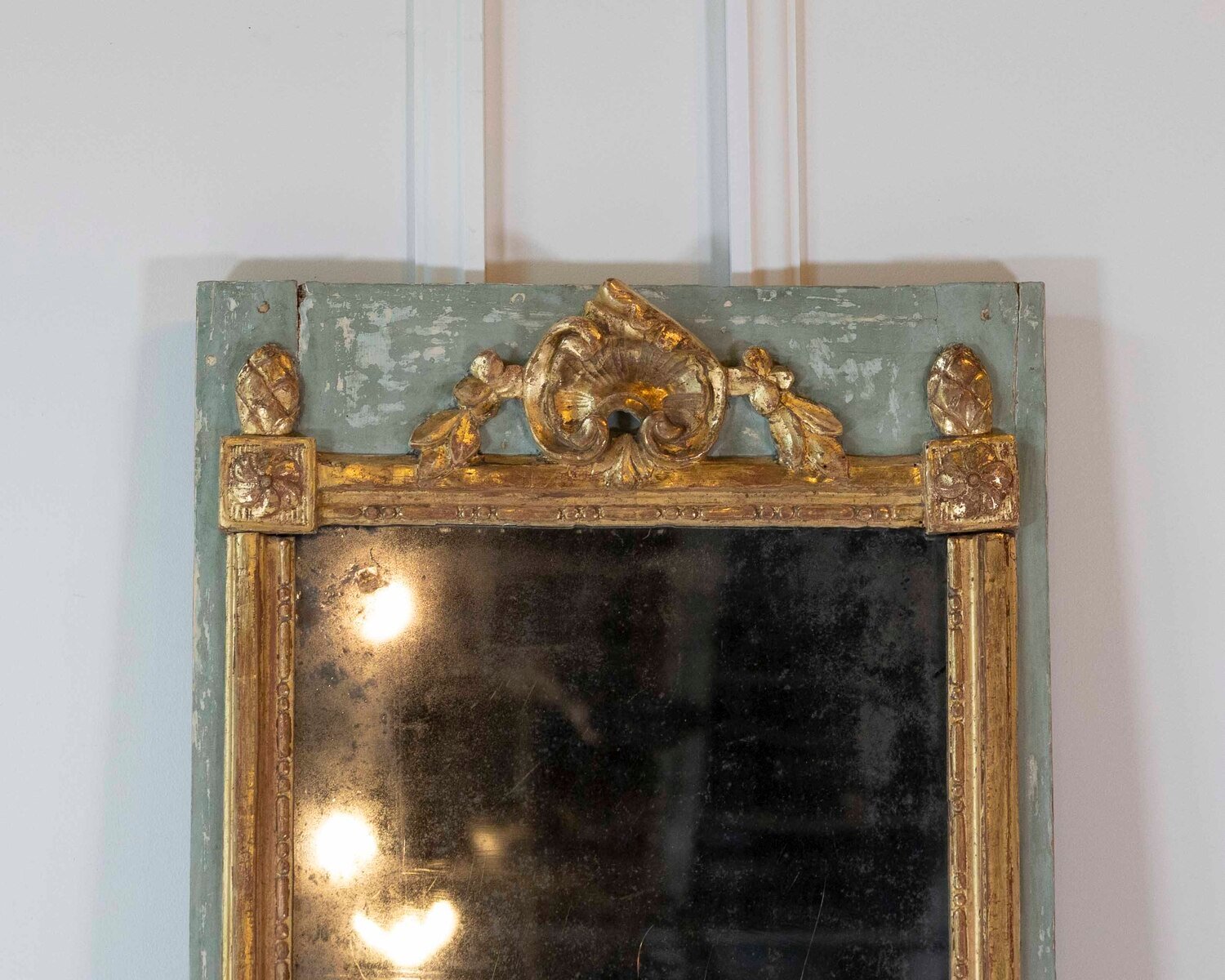 French 18th Century Carved Giltwood Mirror with Painted Boiserie Panels - JAA