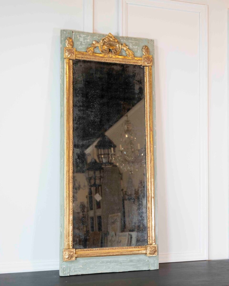 French 18th Century Carved Giltwood Mirror with Painted Boiserie Panels - JAA