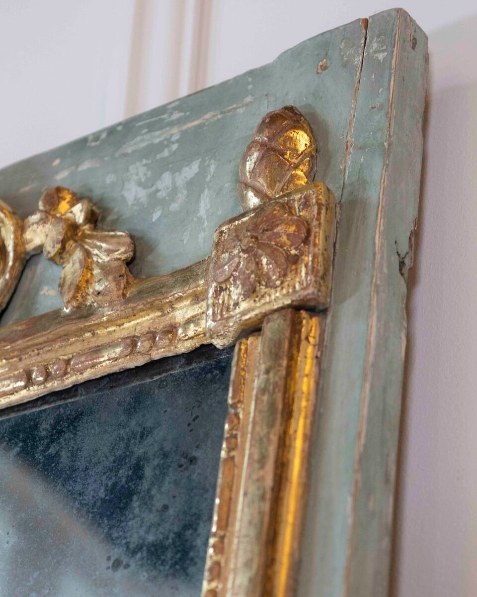 French 18th Century Carved Giltwood Mirror with Painted Boiserie Panels - JAA