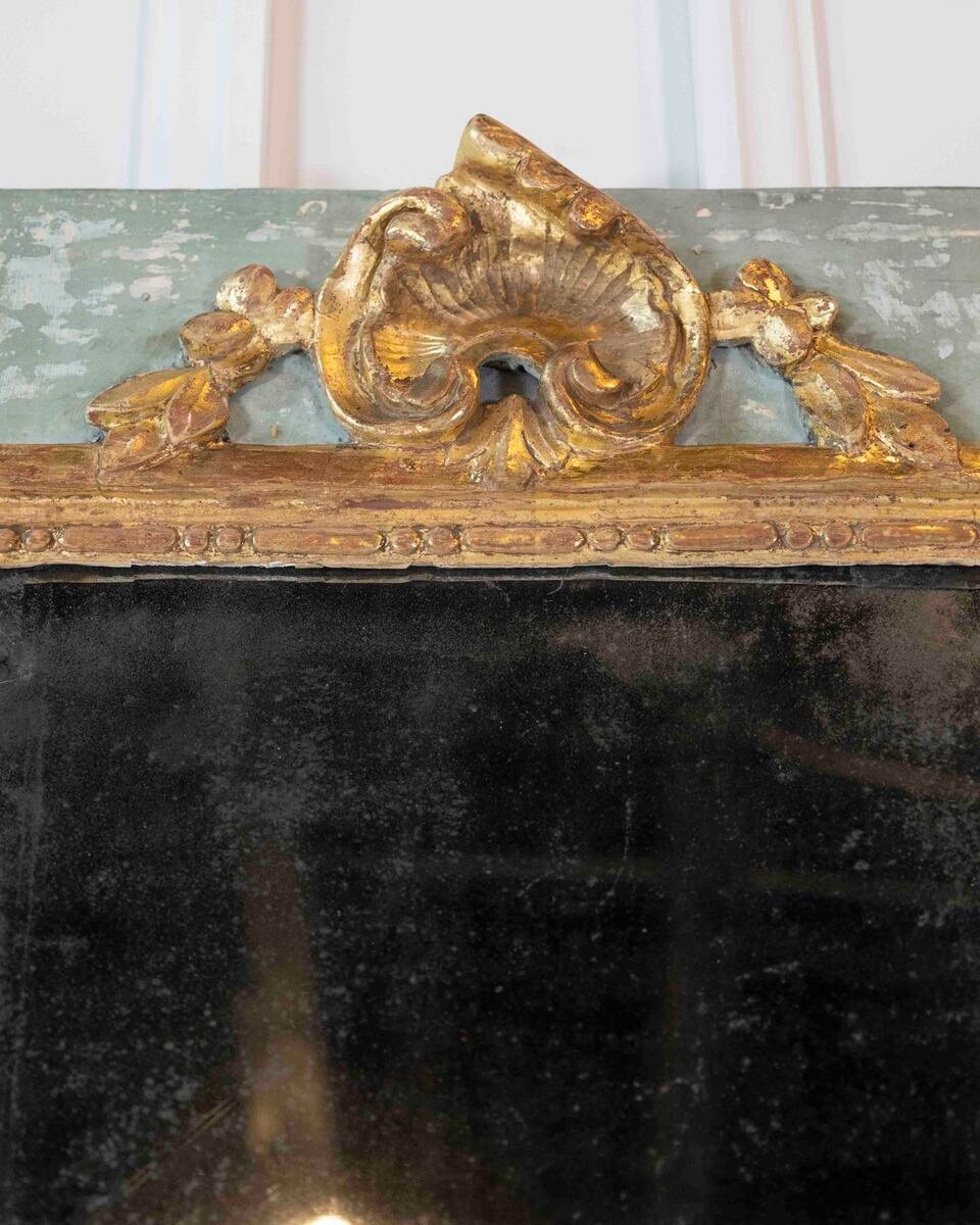 French 18th Century Carved Giltwood Mirror with Painted Boiserie Panels - JAA