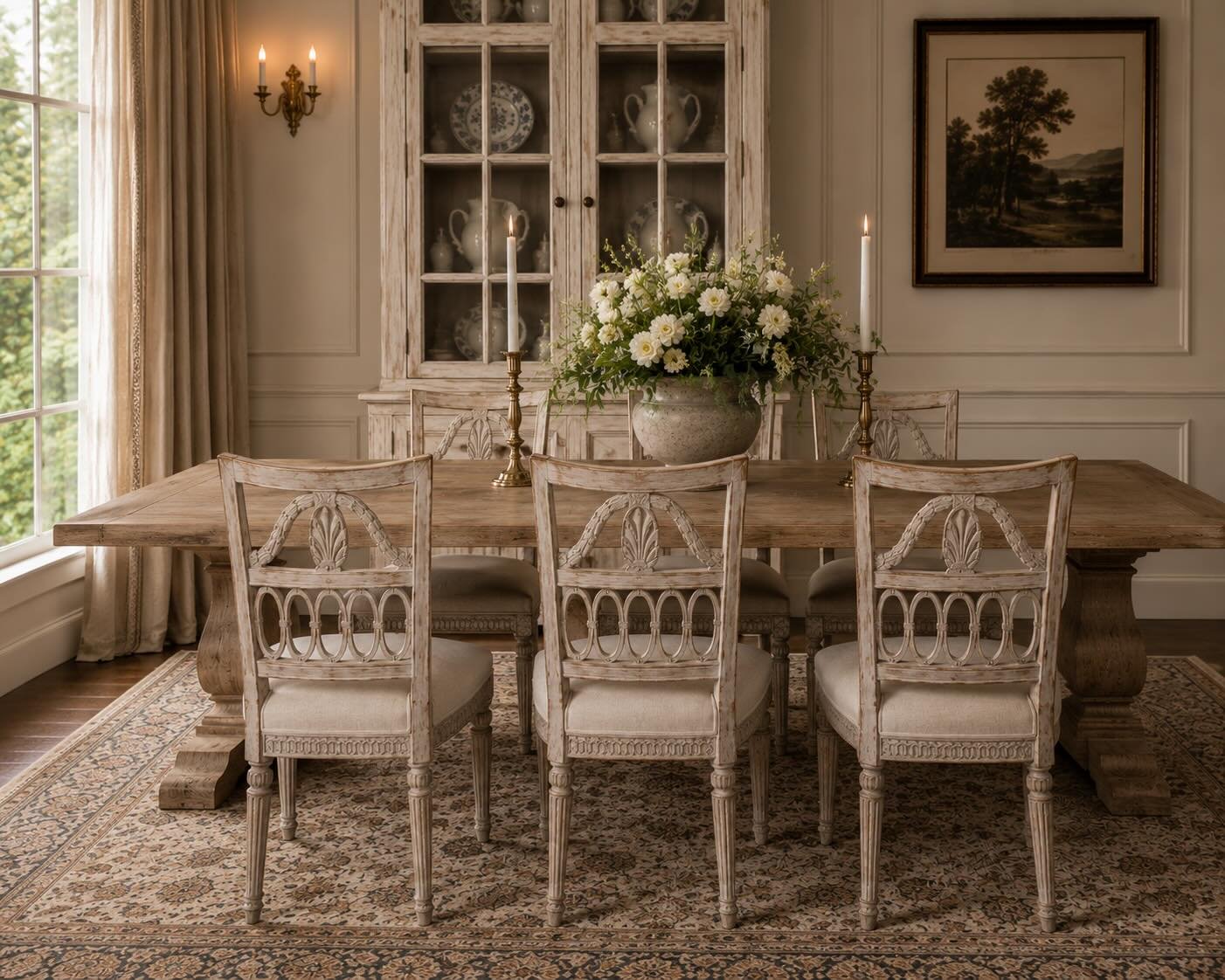 Antique dining chairs in a Southern lake house dining room - Lake Country Lookbook
