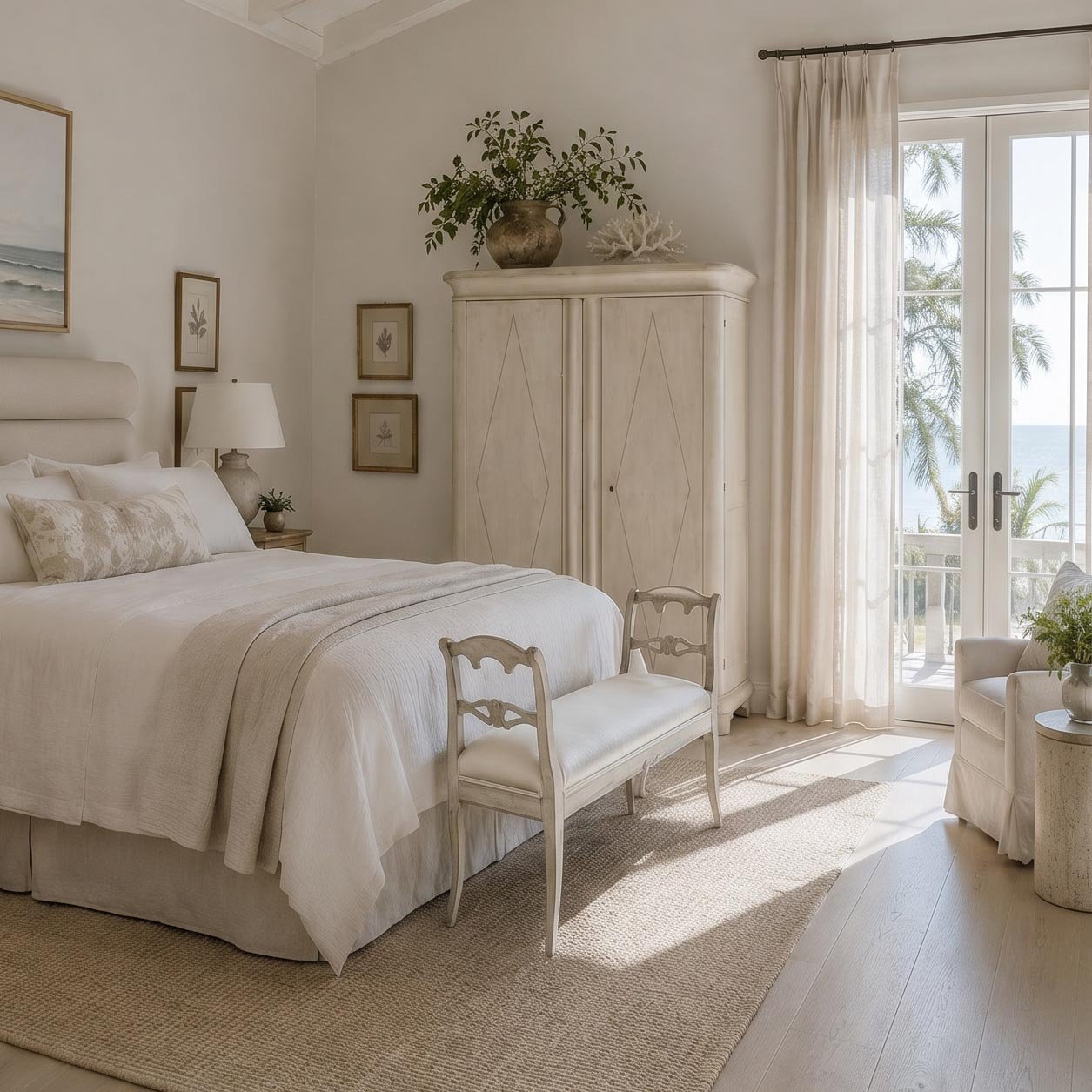 Antique bench at the foot of a bed in a coastal bedroom