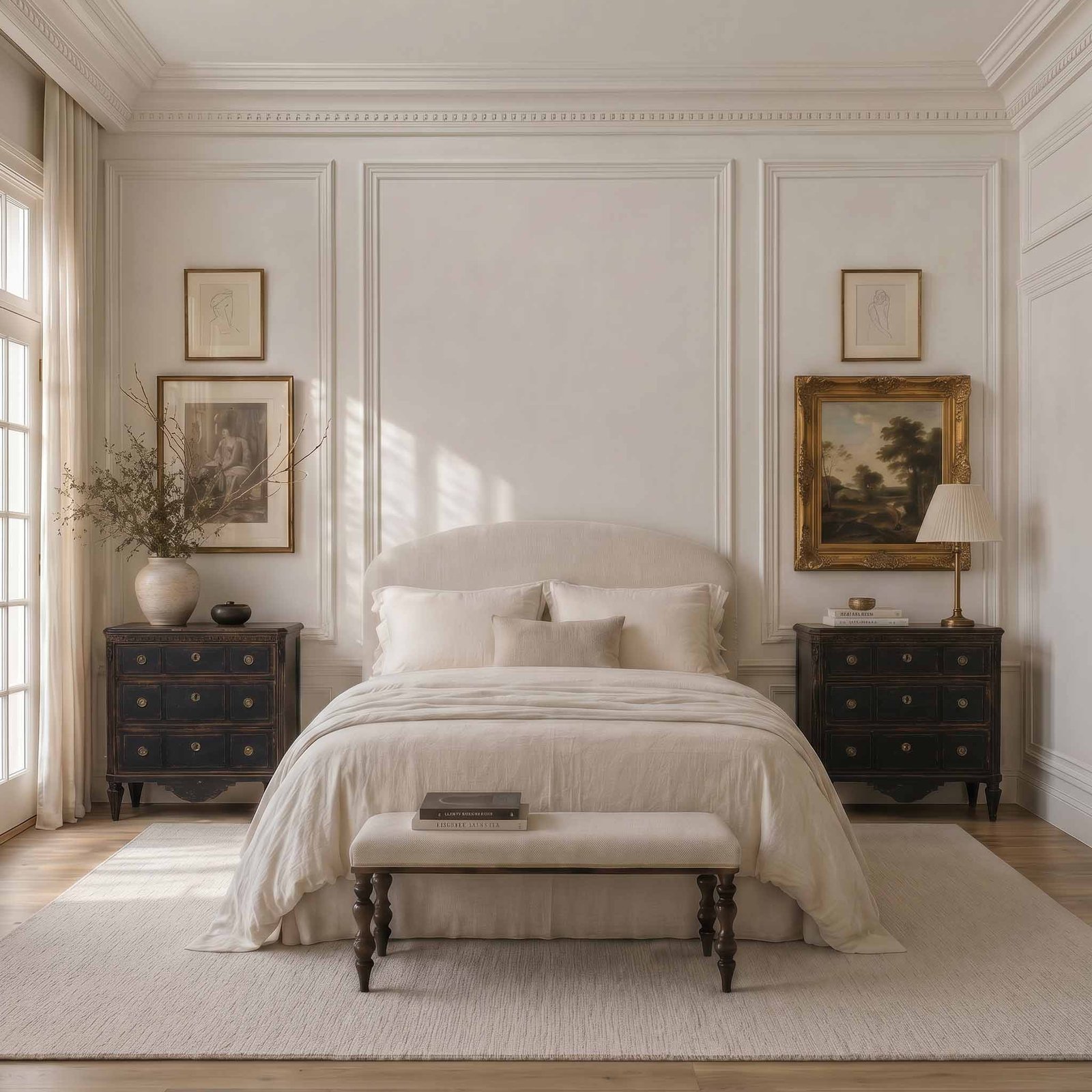 Antique nightstands beside a bed in a coastal California bedroom