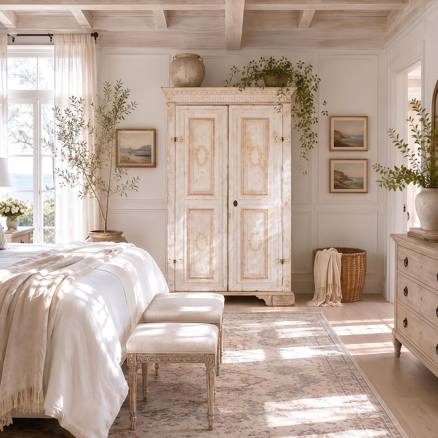 Carved antique wardrobe in a coastal California bedroom