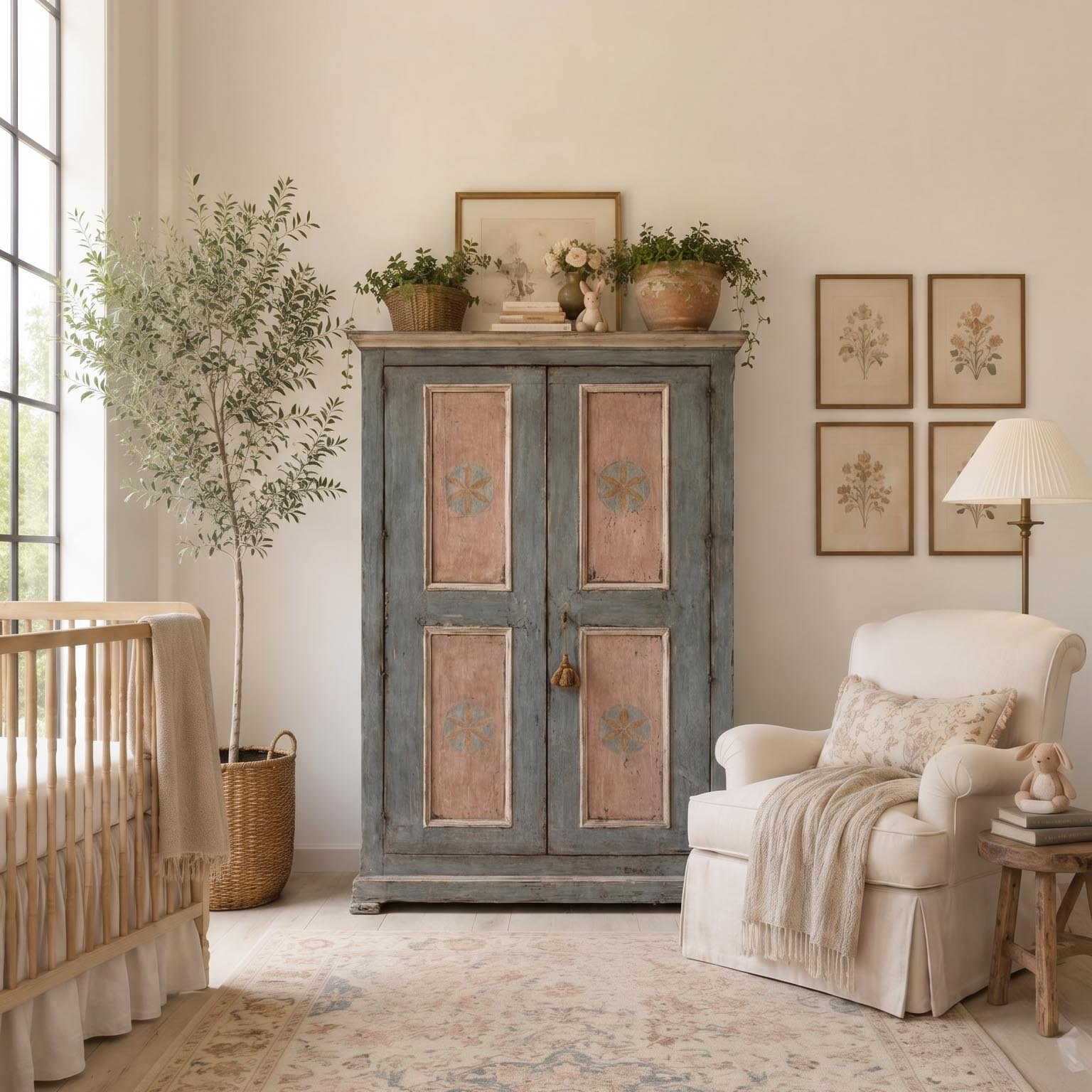 Painted antique wardrobe in a light-filled coastal bedroom