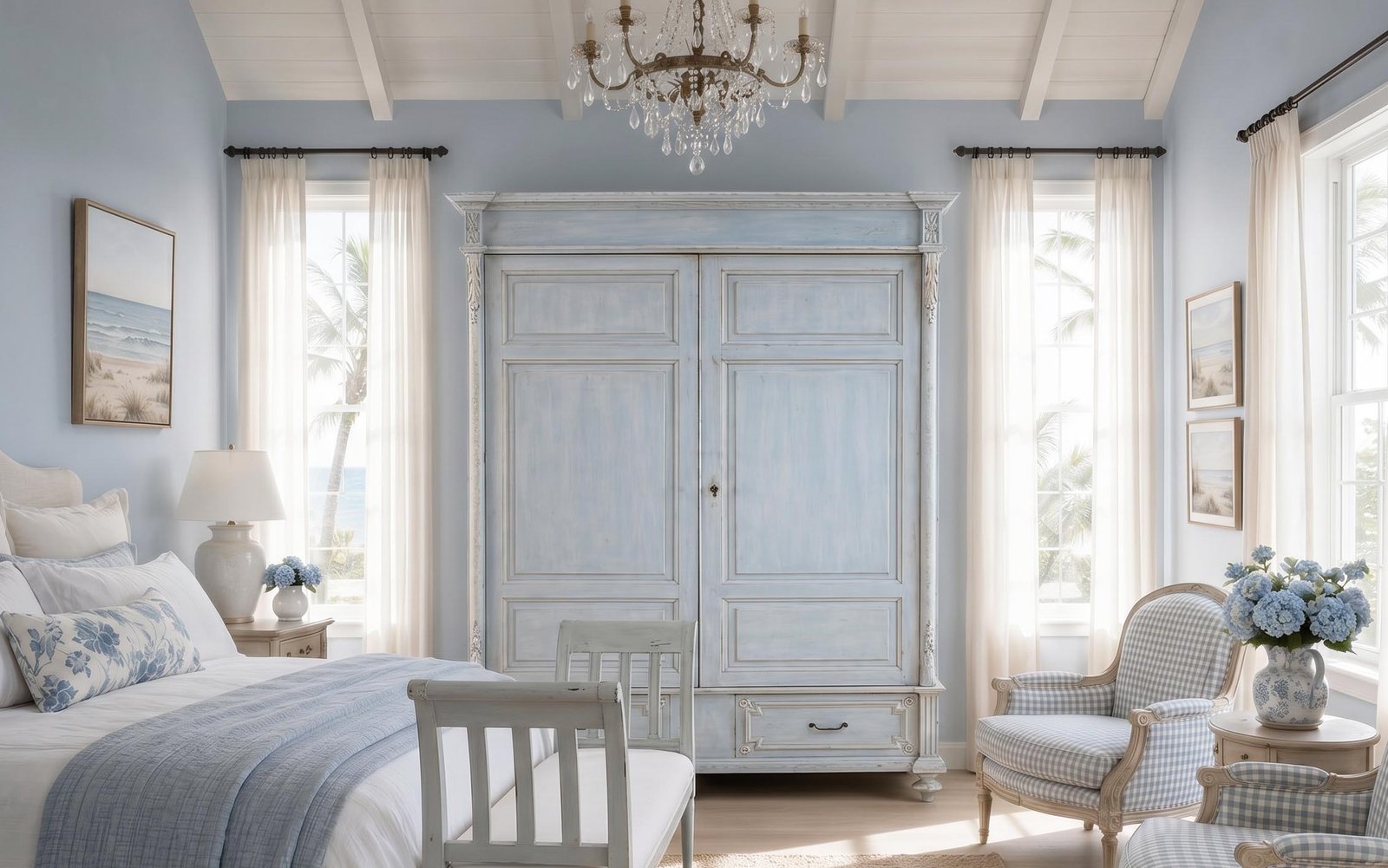 Antique furniture in a sunlit coastal California bedroom
