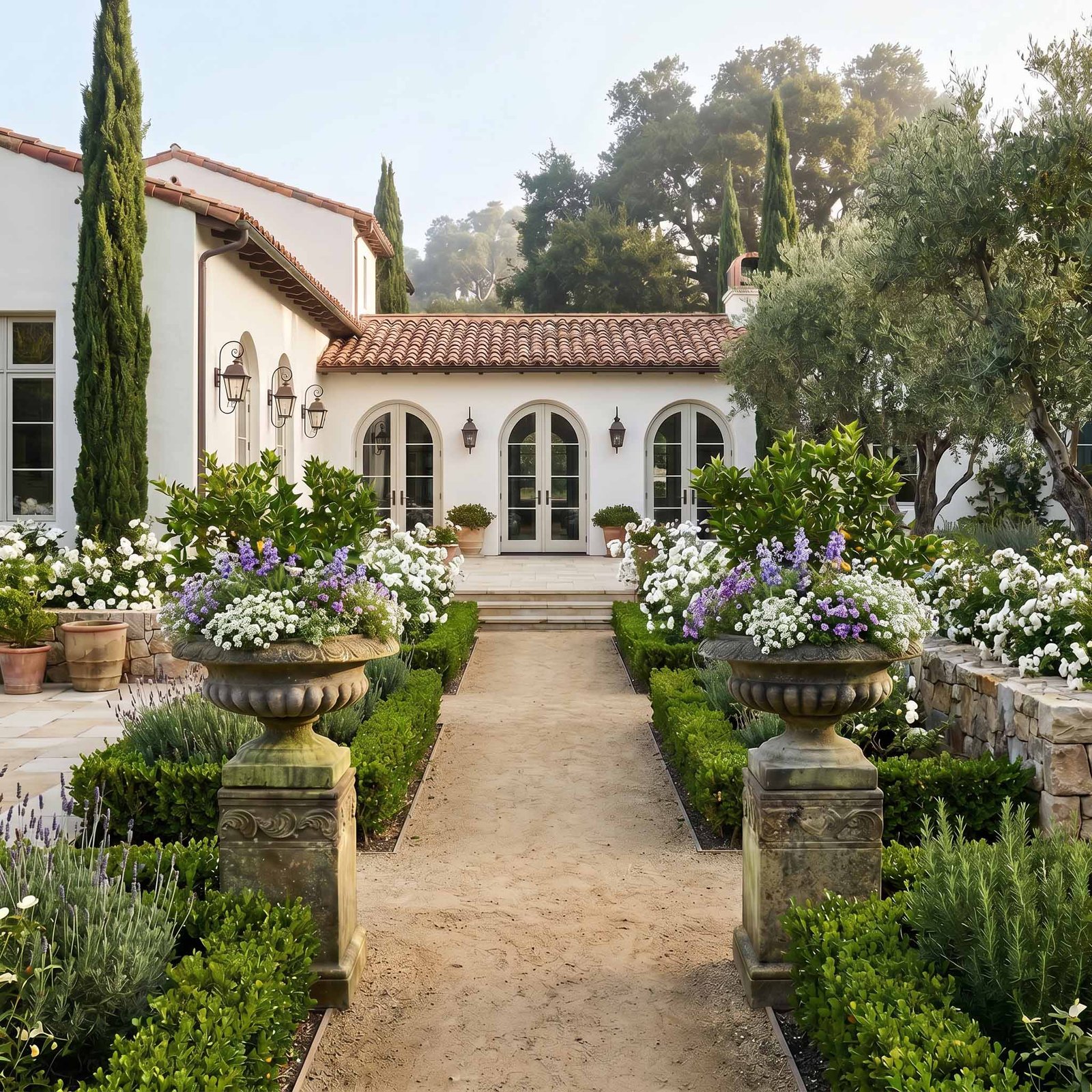 Antique stone planters at a coastal estate entrance