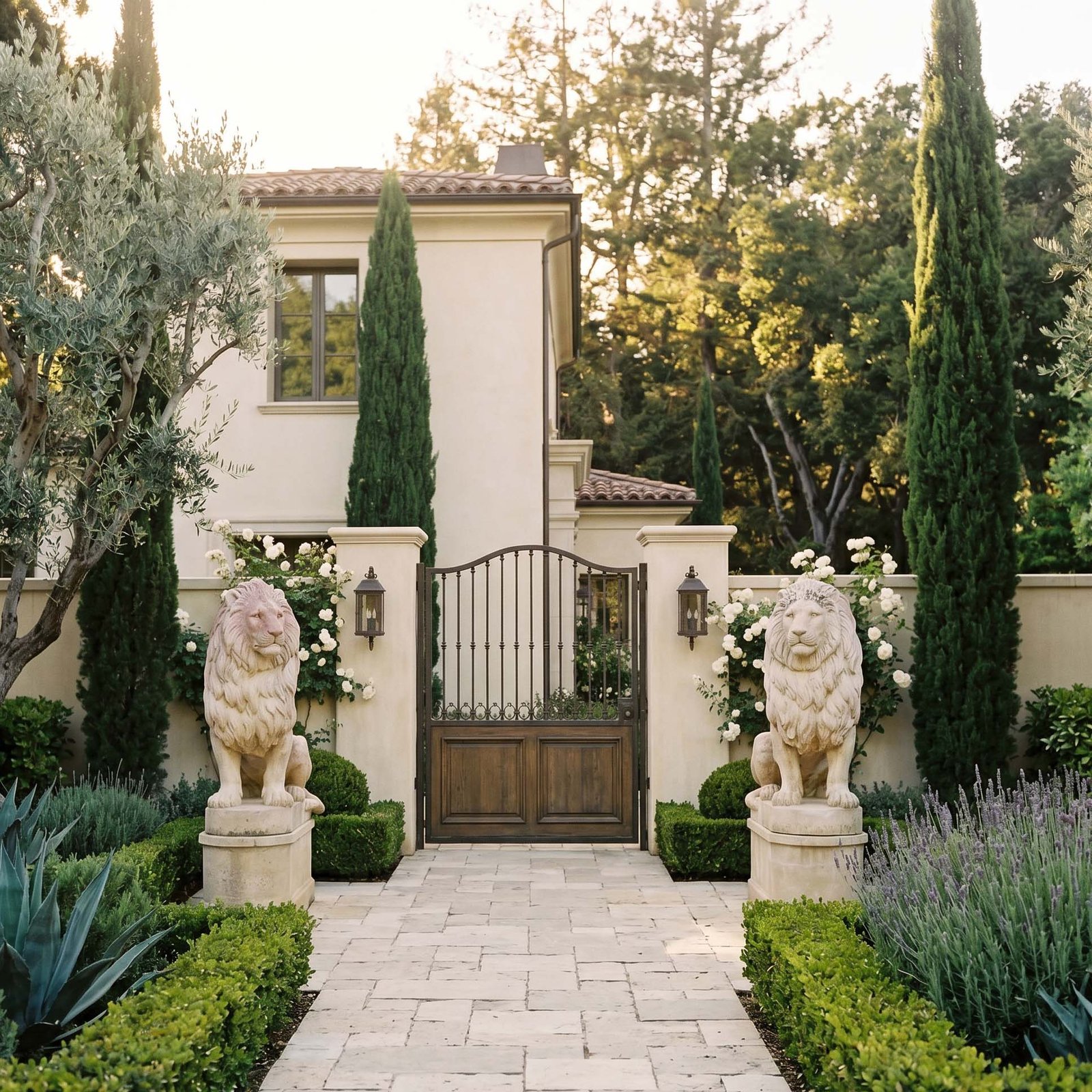 Pair of carved stone lions at a California estate entrance