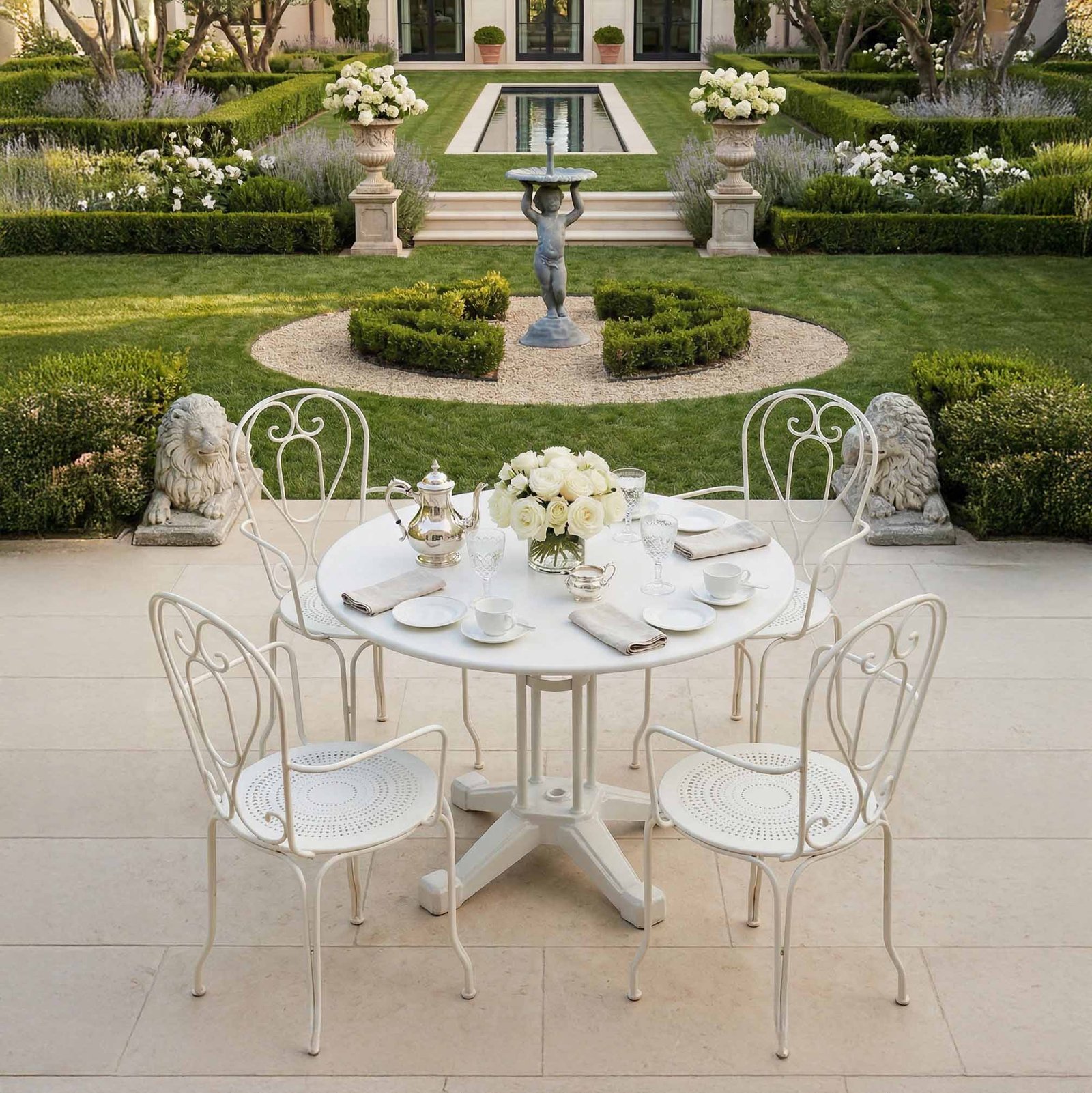 Antique garden furniture in a coastal California garden