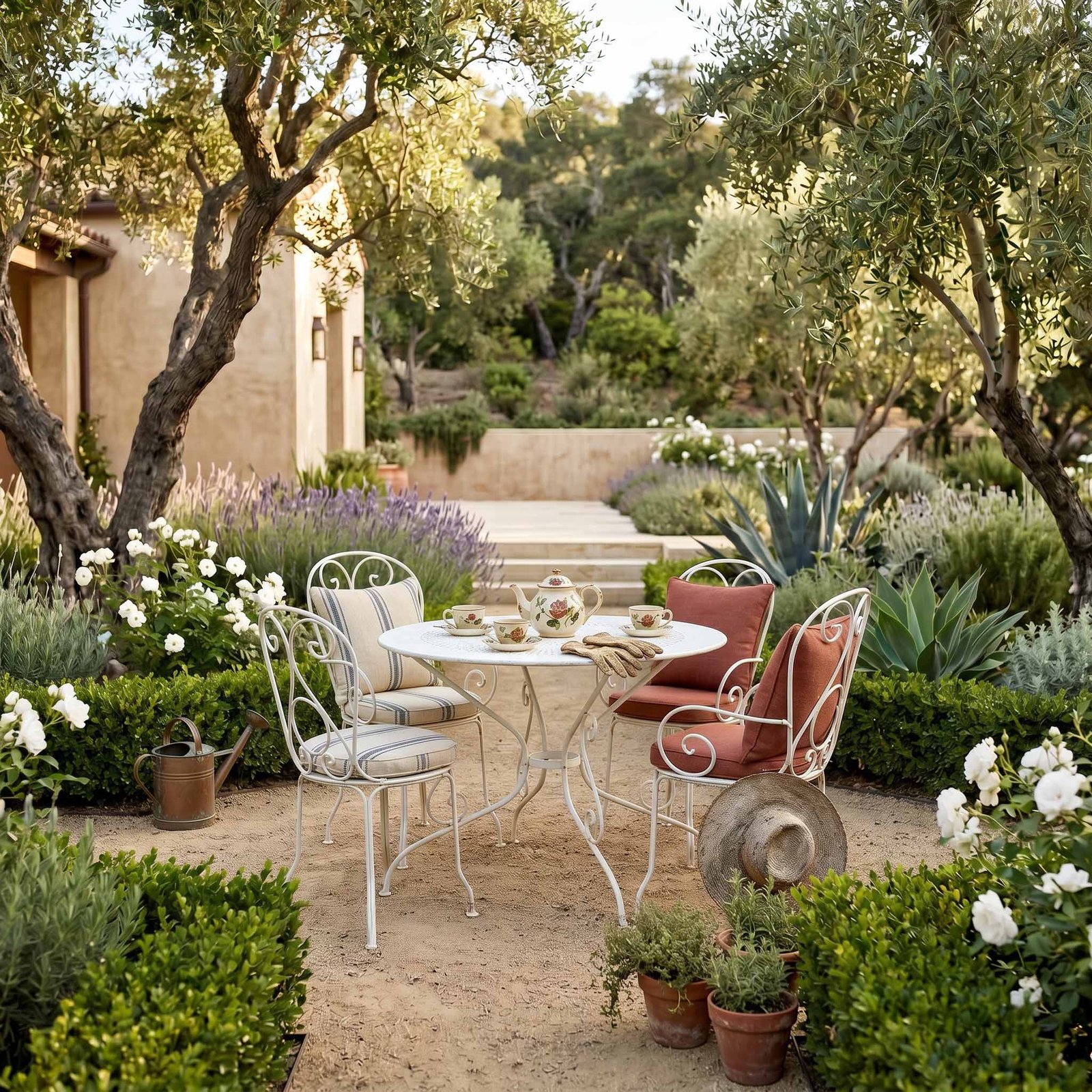Antique patio furniture in a Santa Barbara garden