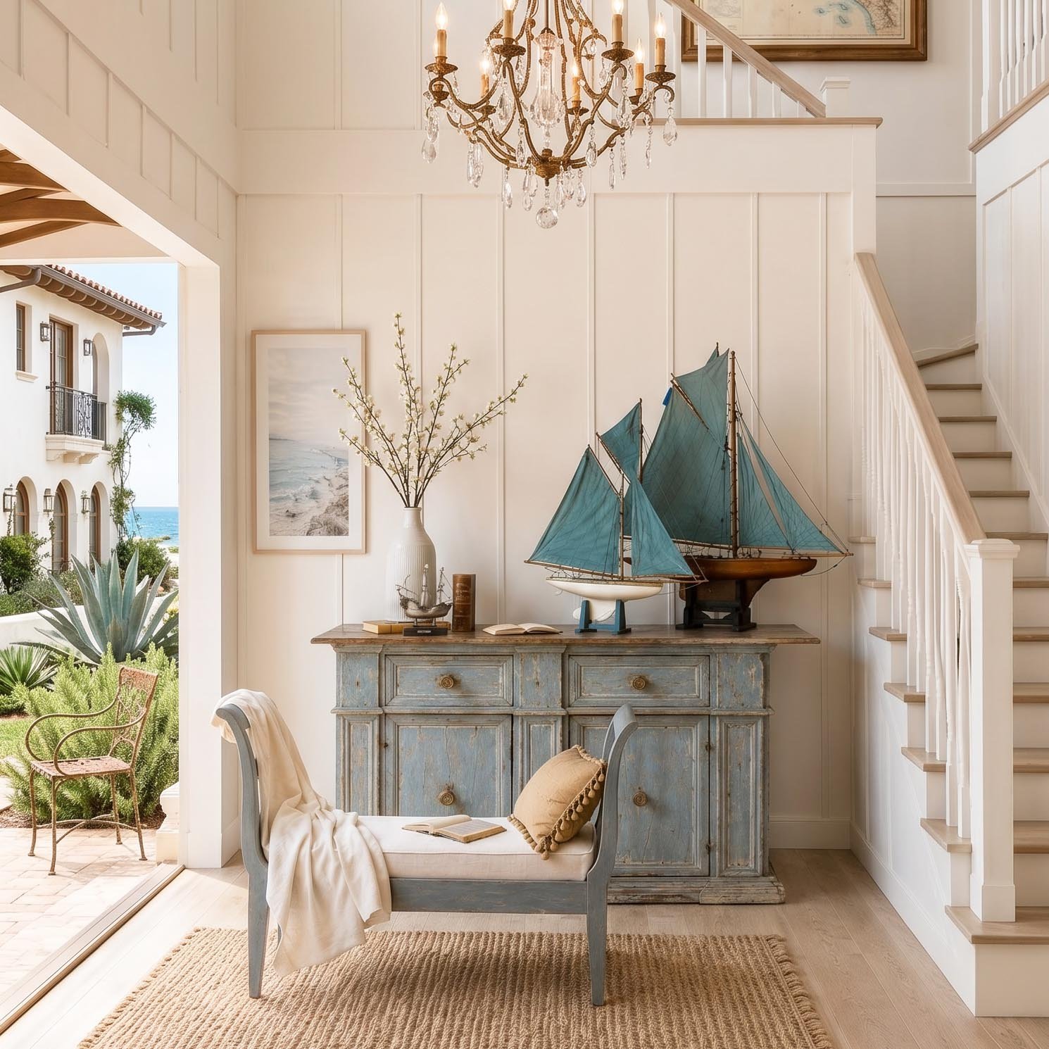 Pair of antique benches in a Malibu interior