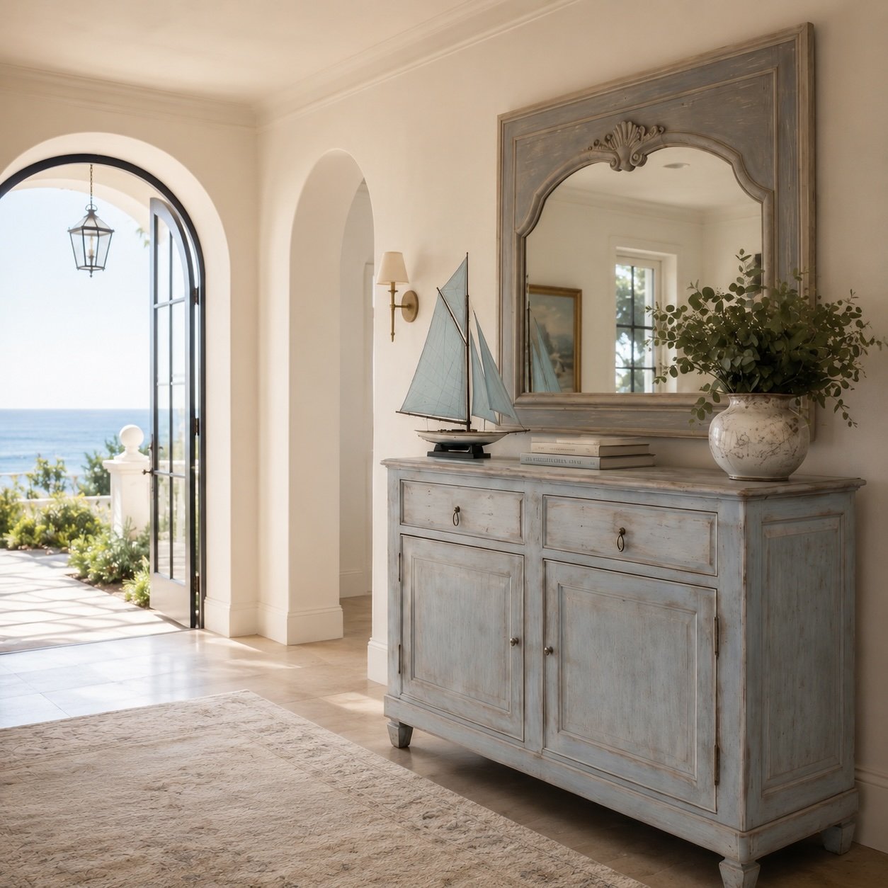 Antique furnishings in a Malibu entrance hall