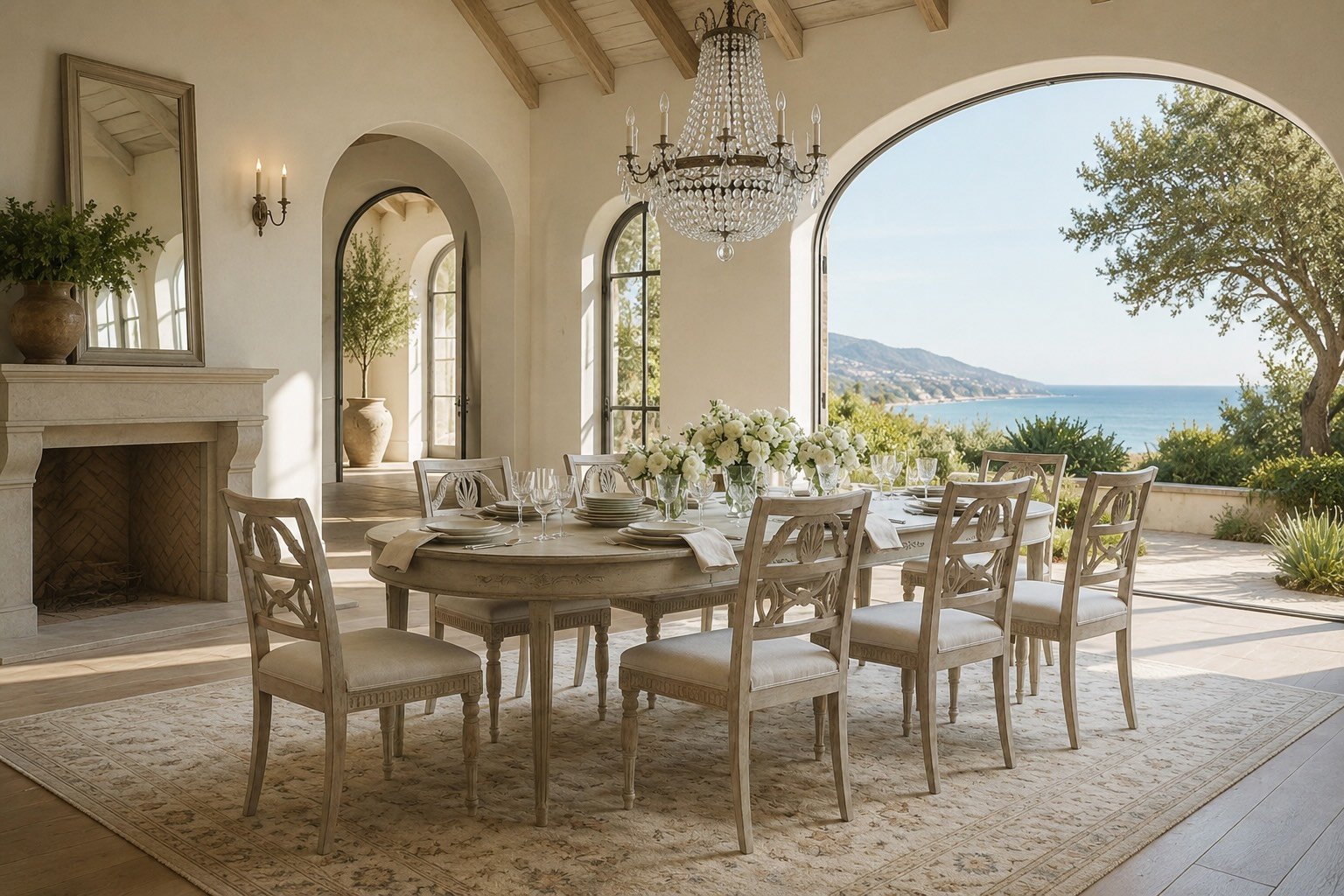 Collected antique interior in a Malibu home with ocean light