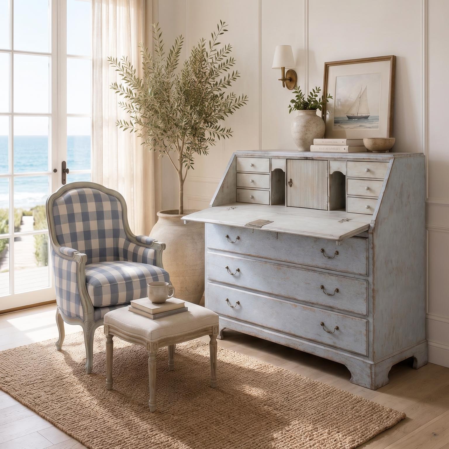 Pair of antique secretaries in a collected Malibu interior
