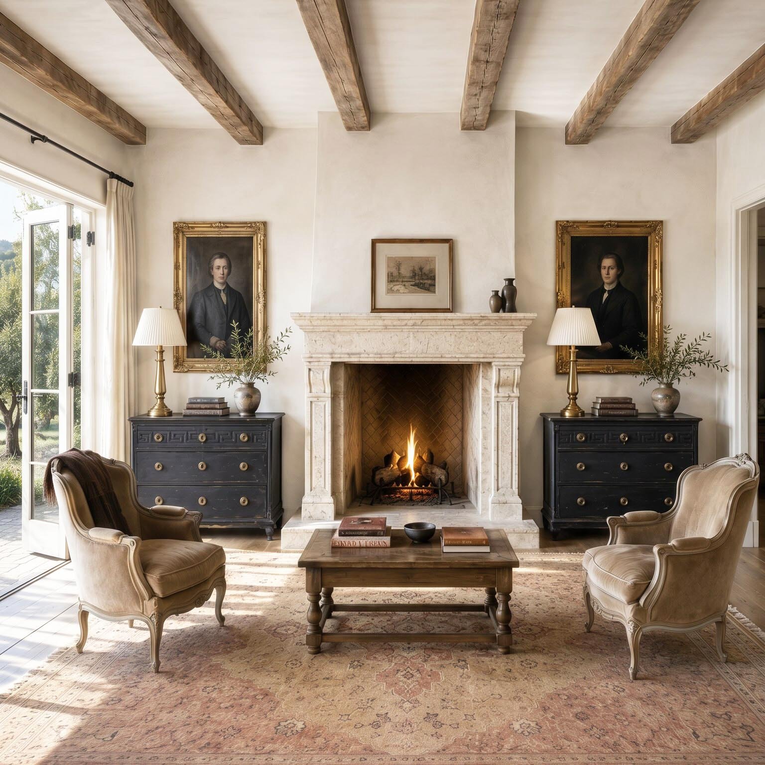 Pair of black painted antique commodes in a coastal living room