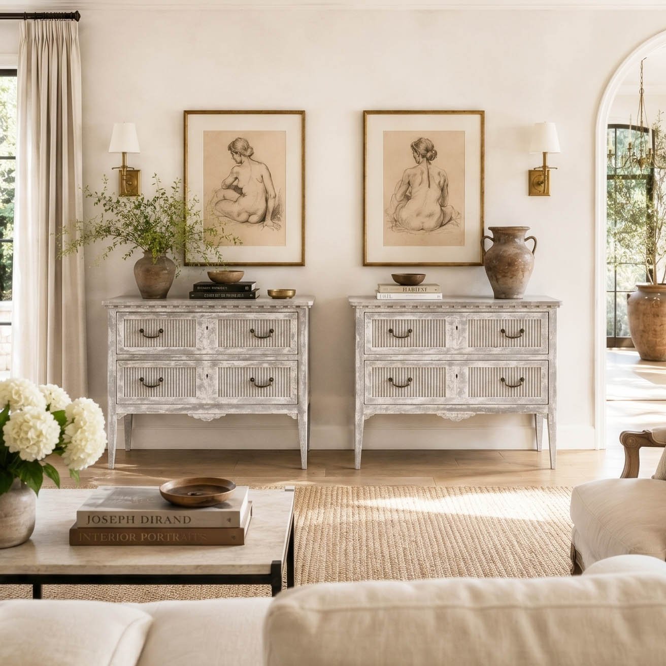 Pair of antique commodes styled in a Montecito living room