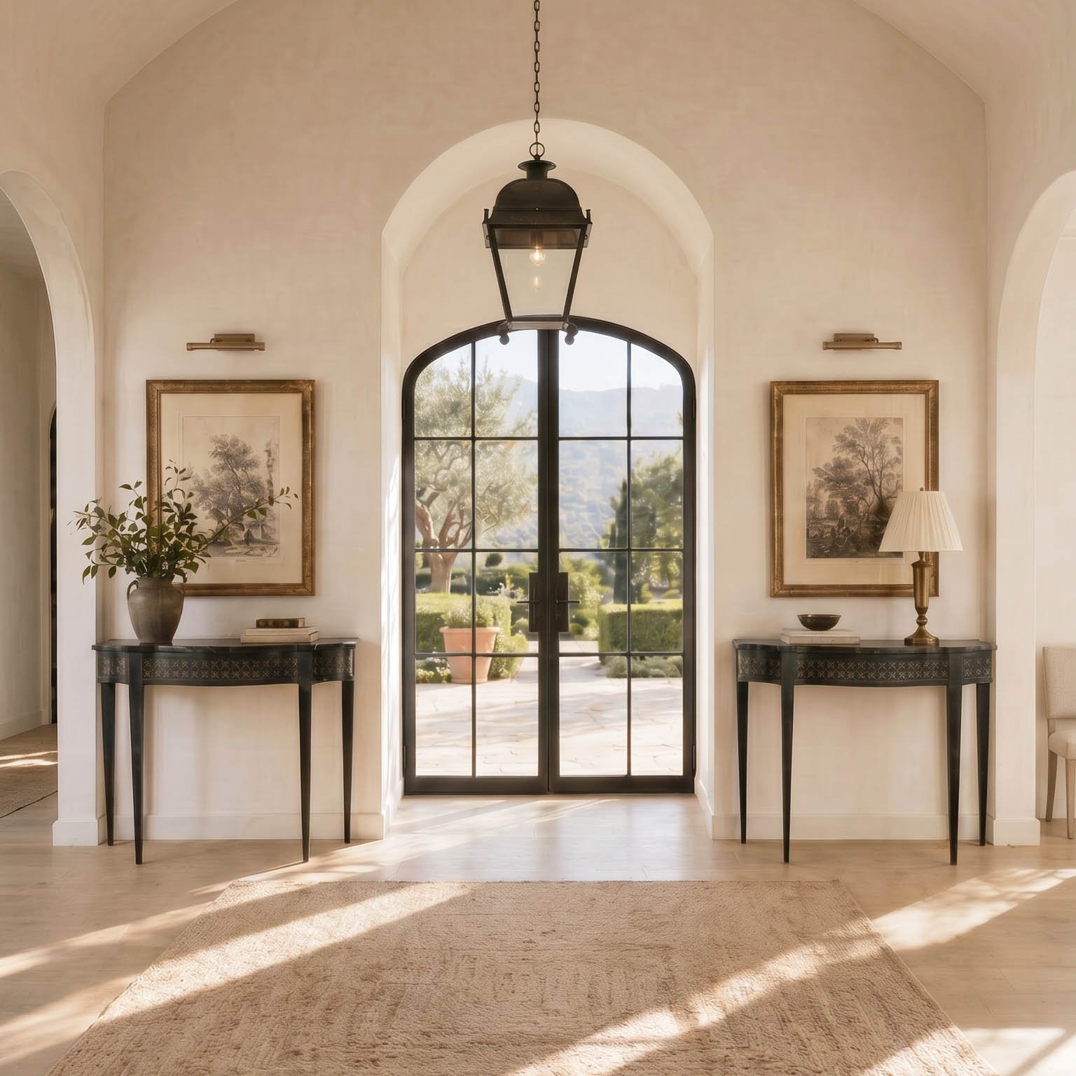 Antique console tables in a coastal California living room