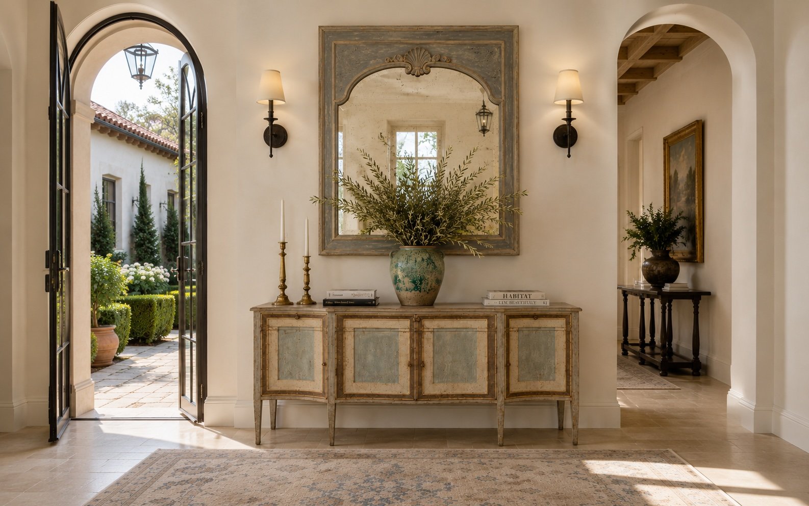 Antique furnishings styled in a Montecito living room with coastal light