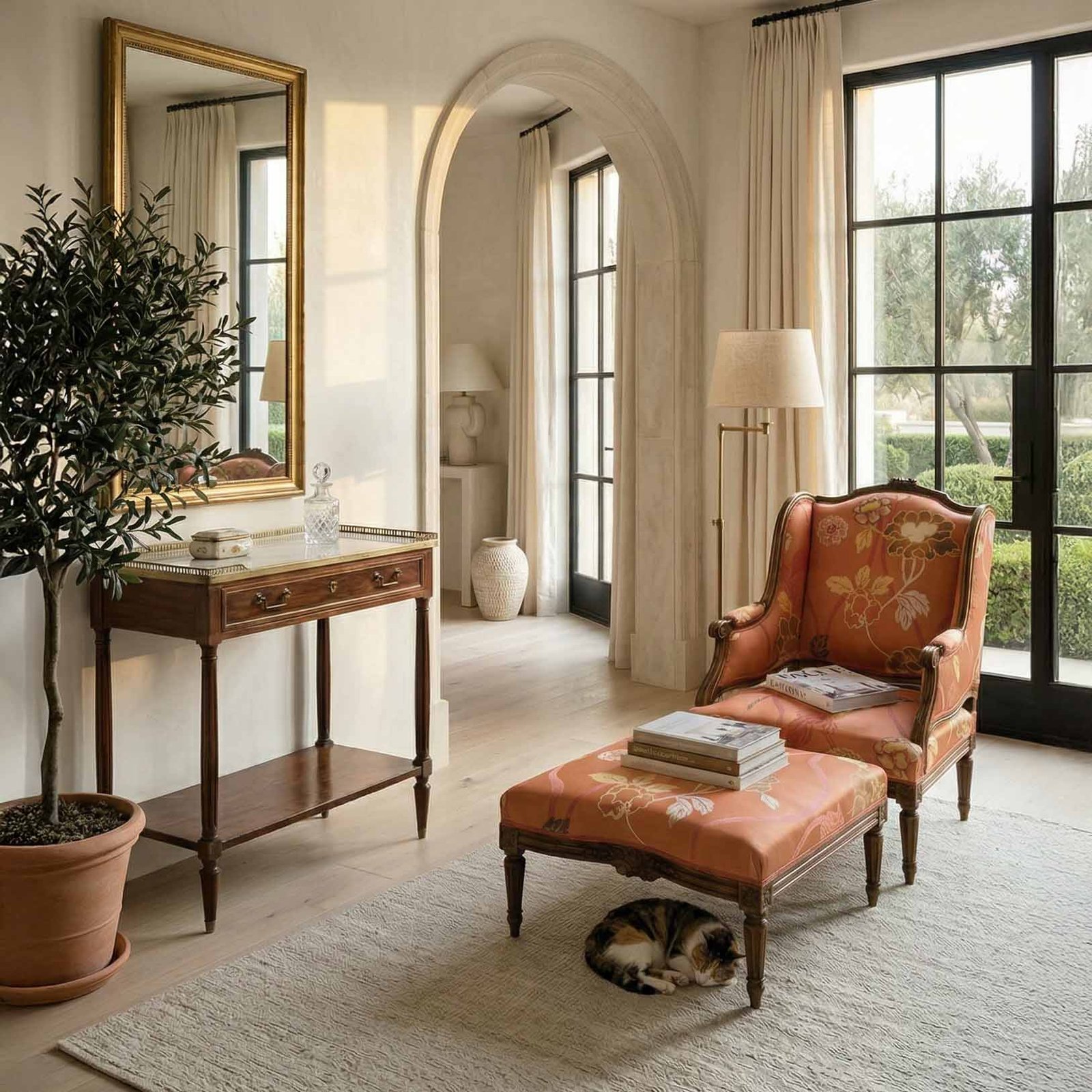 Antique seating arranged in a Montecito living room