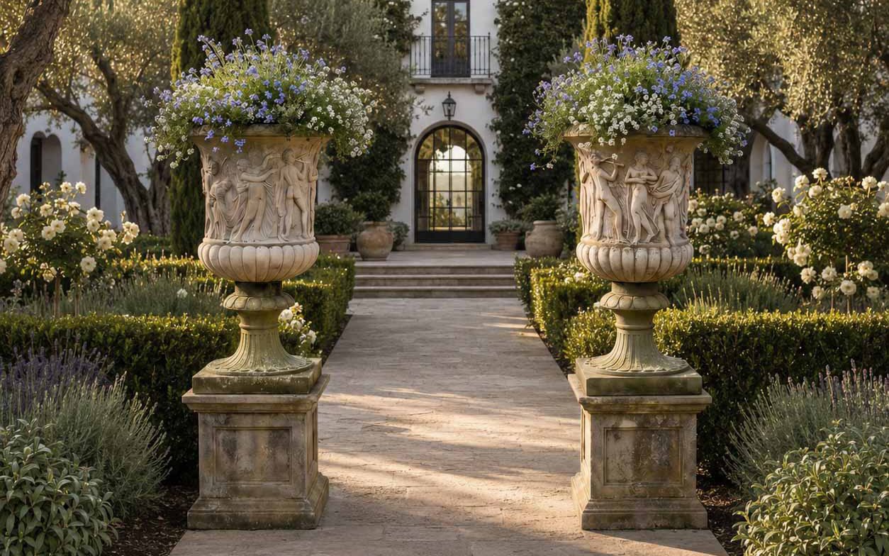 Antique stone planters in a Santa Barbara garden