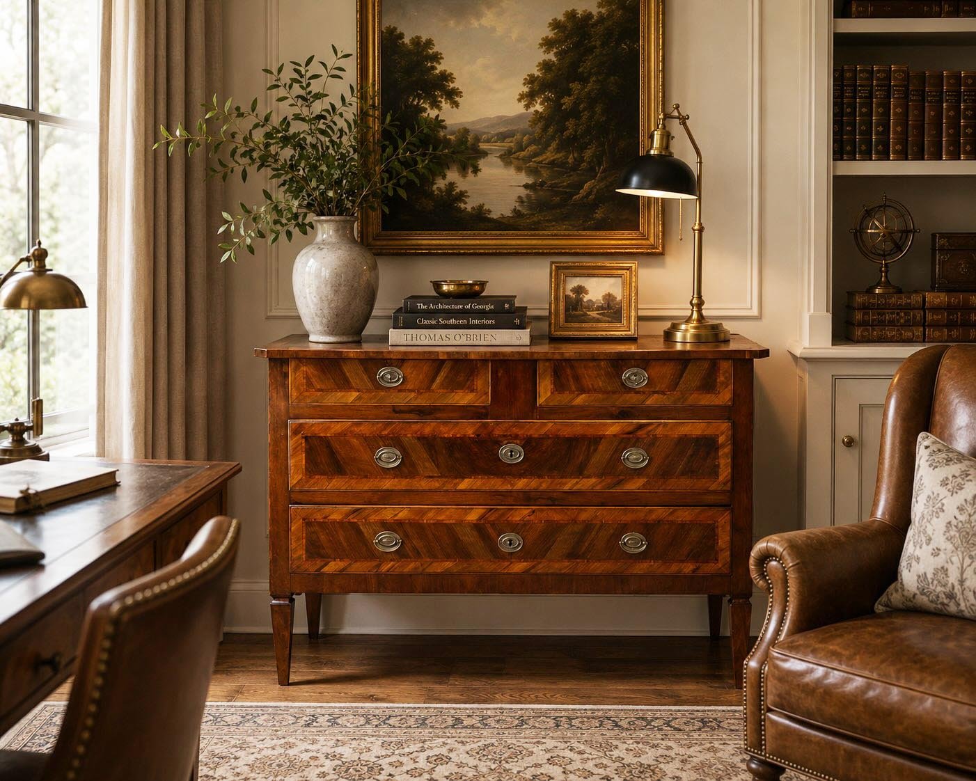 Antique marble-topped commode styled as a bar in a golf cottage study - Lake Country Lookbook