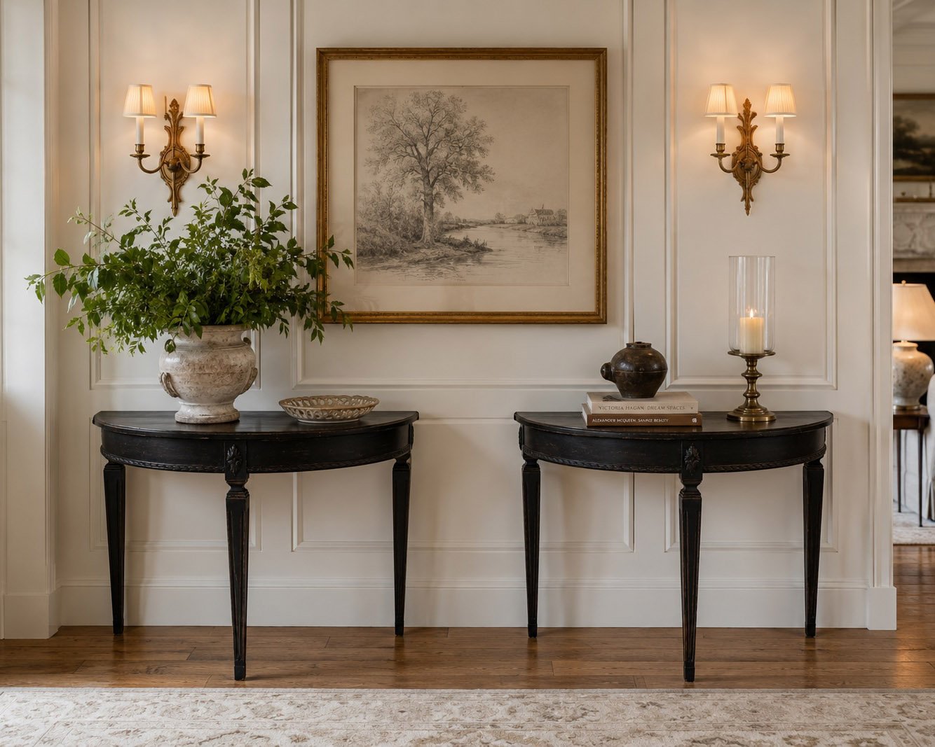 Antique console table vignette in a Lake Oconee great room - Lake Country Lookbook
