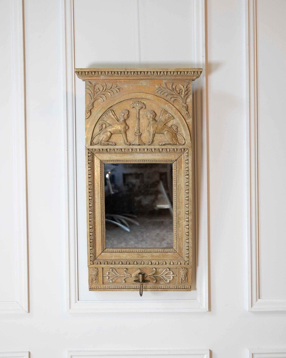 Swedish Neoclassical Painted Mirror With Sphinx Crest and Candle Sconce, Early 19th Century - JAA