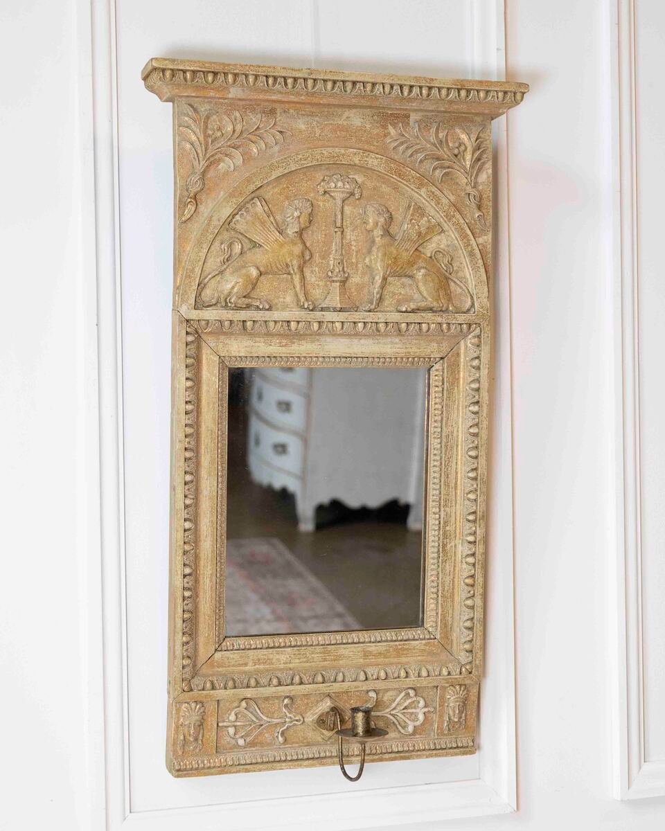 Swedish Neoclassical Painted Mirror With Sphinx Crest and Candle Sconce, Early 19th Century - JAA