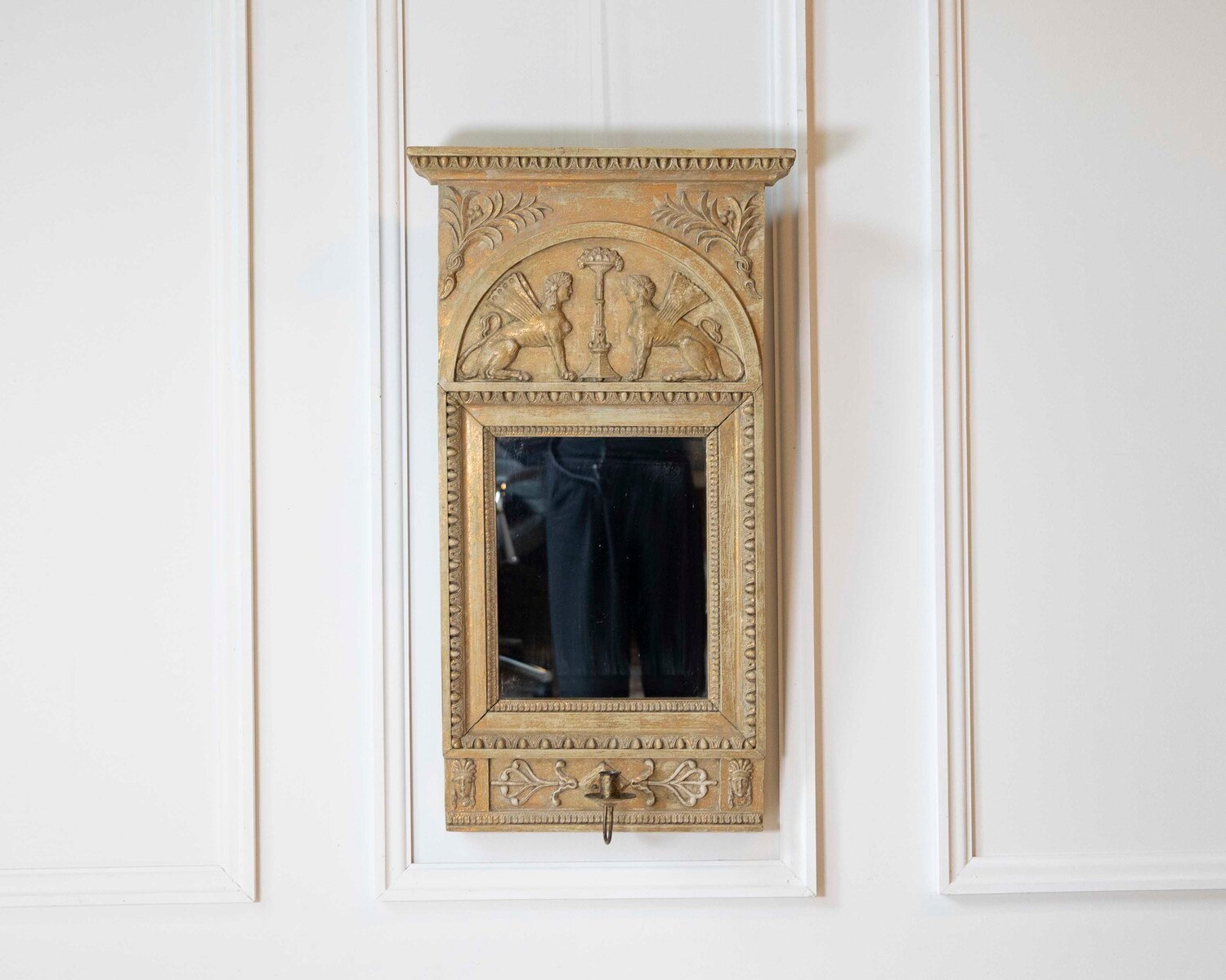 Swedish Neoclassical Painted Mirror With Sphinx Crest and Candle Sconce, Early 19th Century - JAA