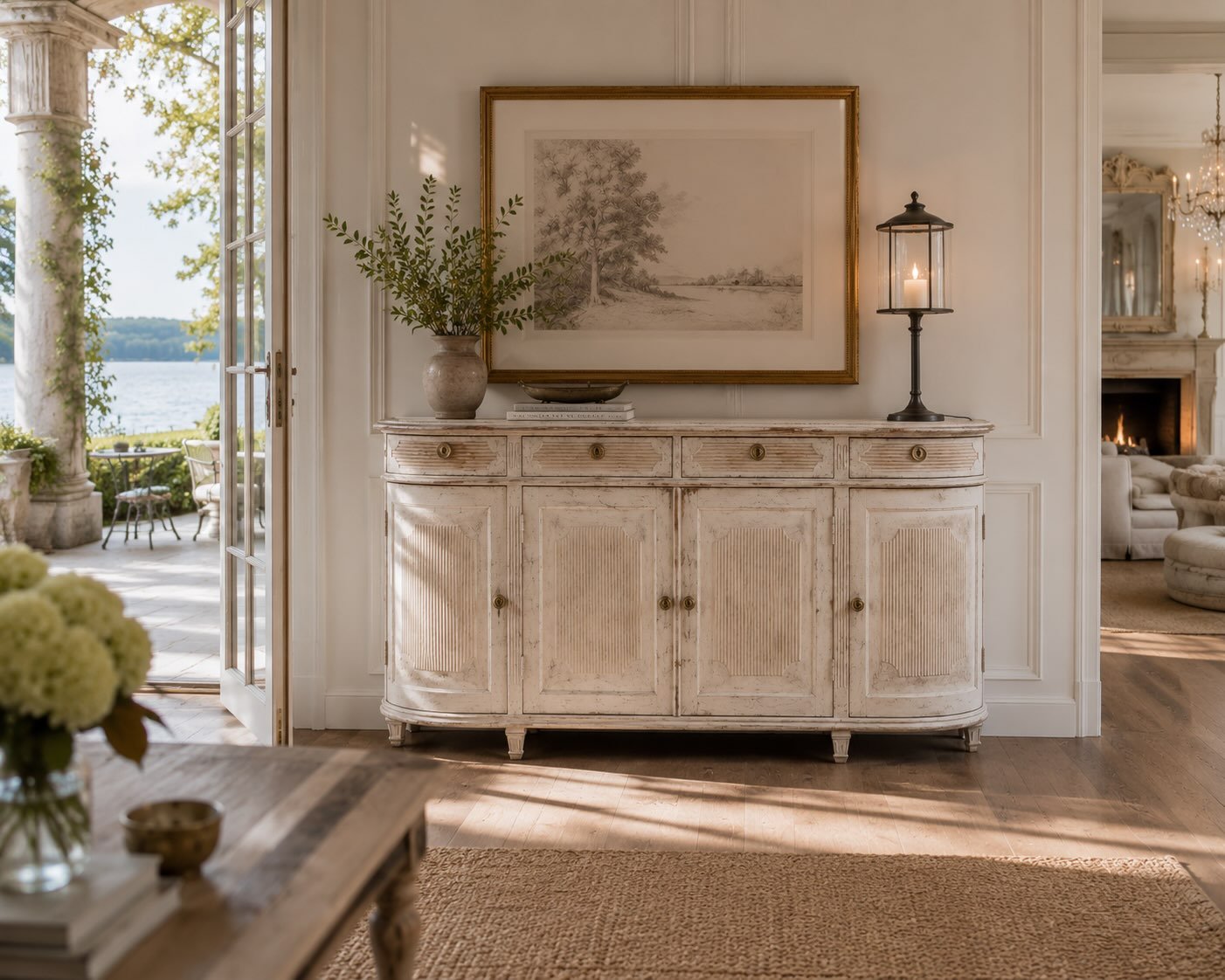 Antique French enfilade with original patina in a Lake Oconee great room - Lake Country Lookbook