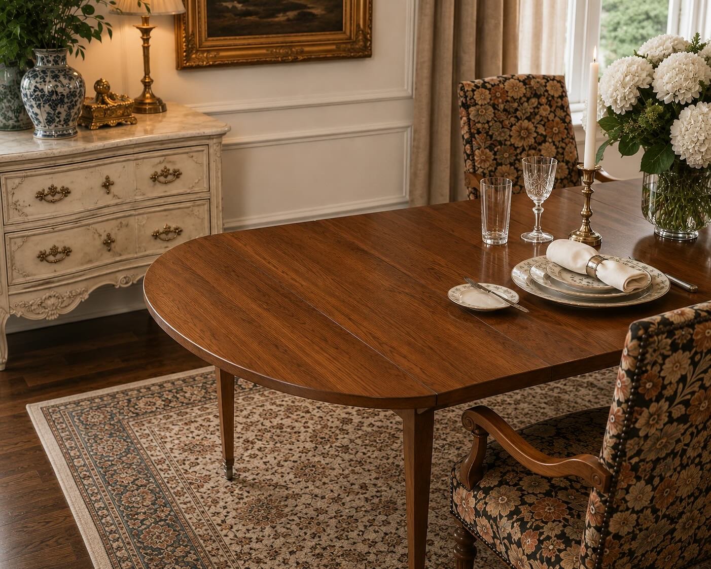 Antique extension dining table in a Southern lake house dining room - Lake Country Lookbook