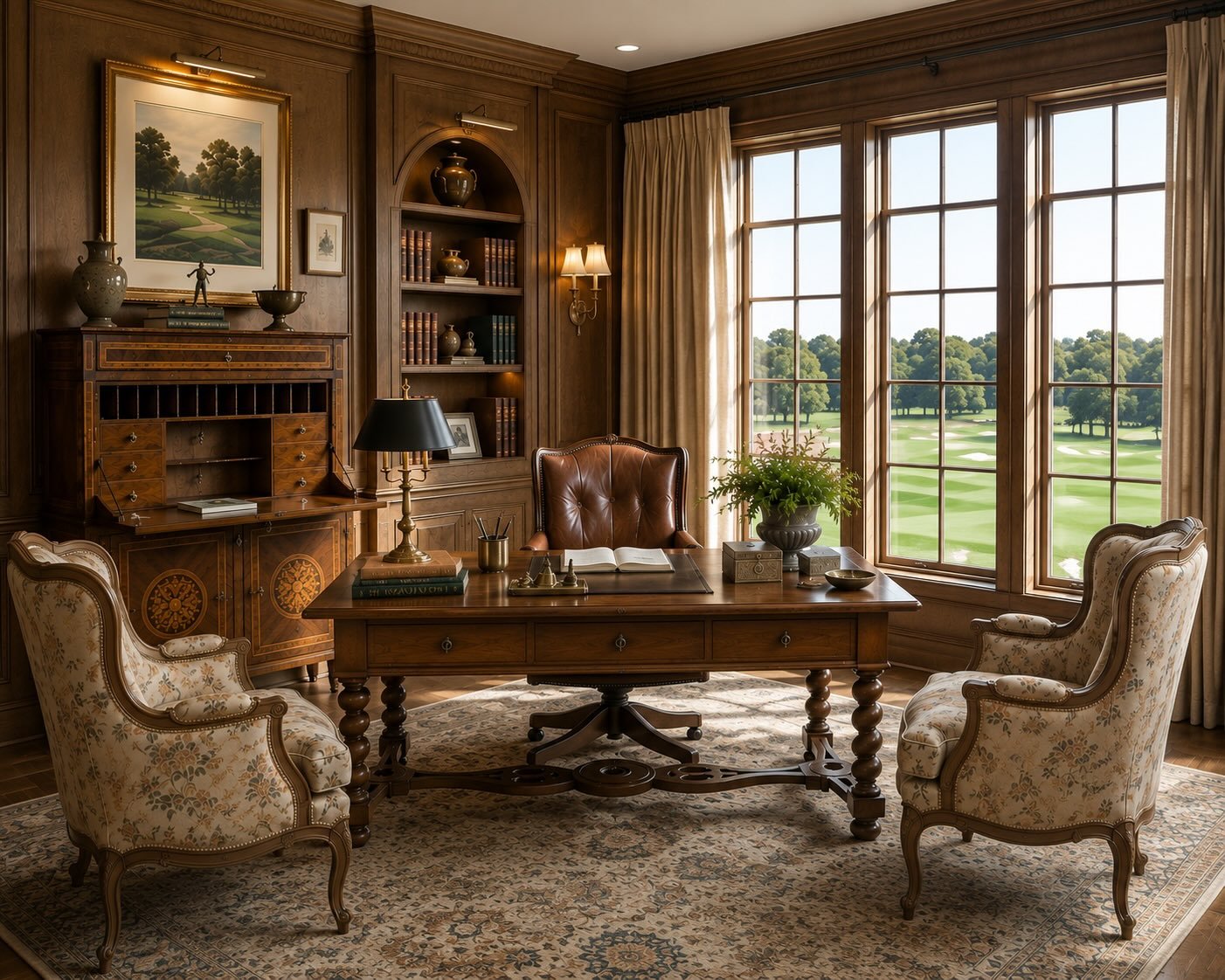 Antique marquetry secretary desk, leather chair, and French armchairs in a paneled golf cottage study overlooking a Reynolds Lake Oconee fairway