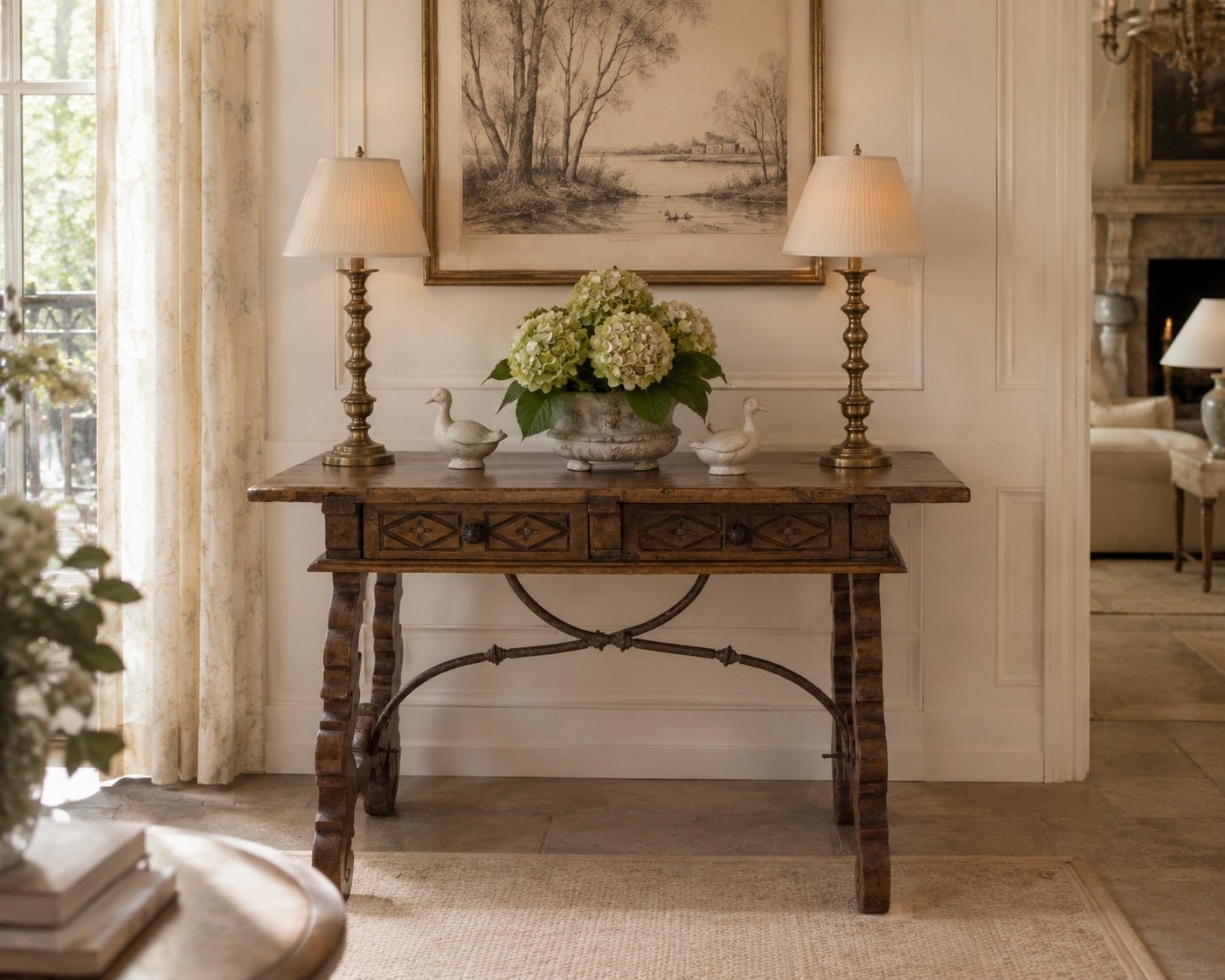 Antique Italian fratino table in a Lake Oconee great room - Lake Country Lookbook