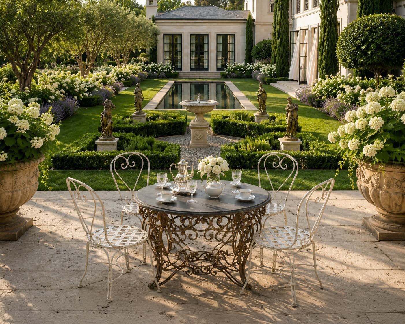 Antique iron garden table on a lakefront veranda - Lake Country Lookbook