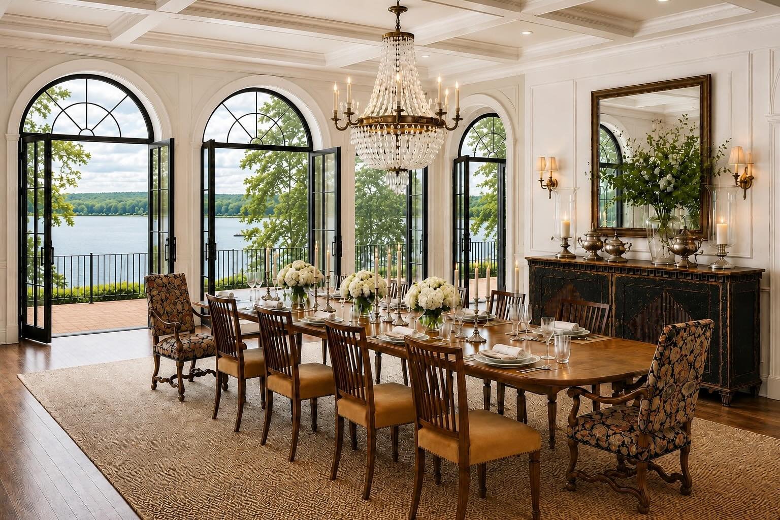 Antique dining table set for a dinner party with Swedish painted sideboard, crystal chandelier, and arched doors opening to Lake Oconee