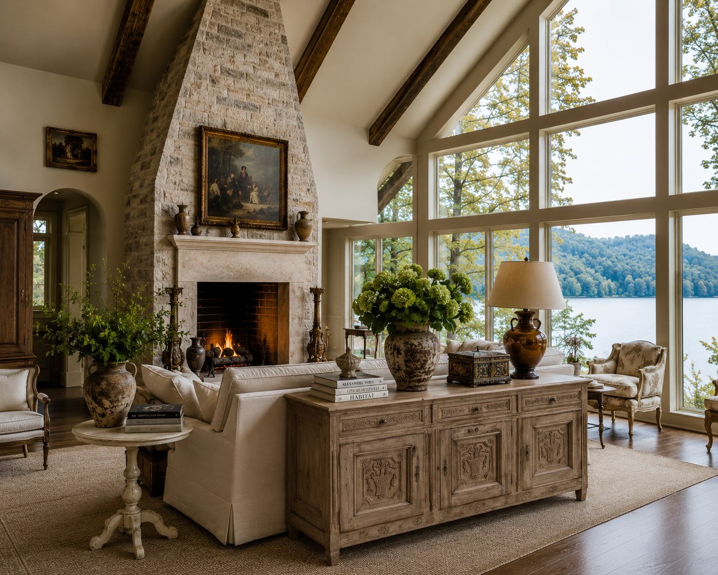 French carved oak enfilade and antique accessories in a new-construction Lake Oconee great room with stone fireplace and wall of windows over the lake