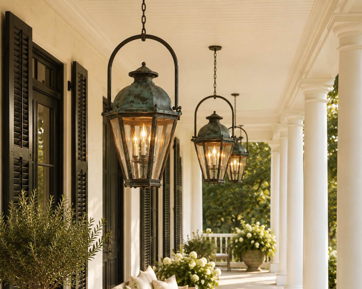 Antique lanterns lit at dusk on a covered lakefront veranda - Lake Country Lookbook