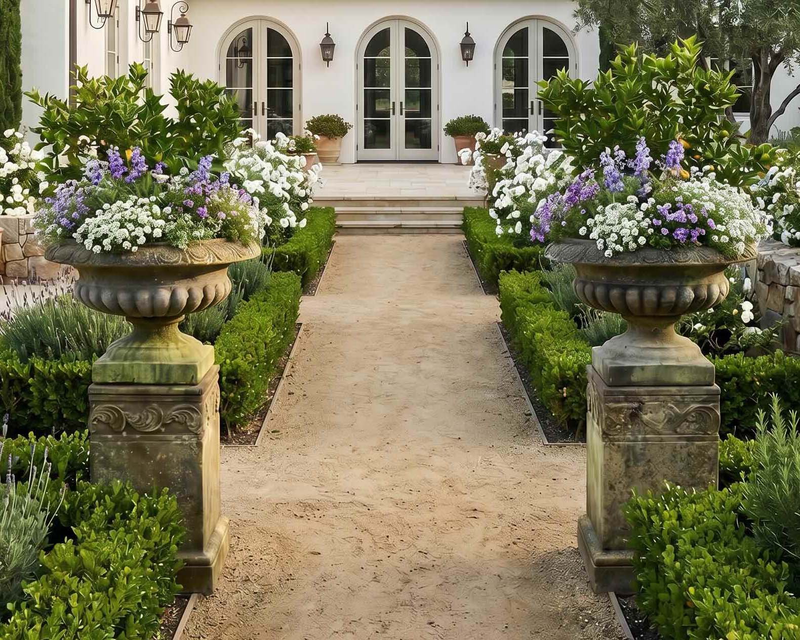 Carved antique stone planters on a lakefront veranda - Lake Country Lookbook