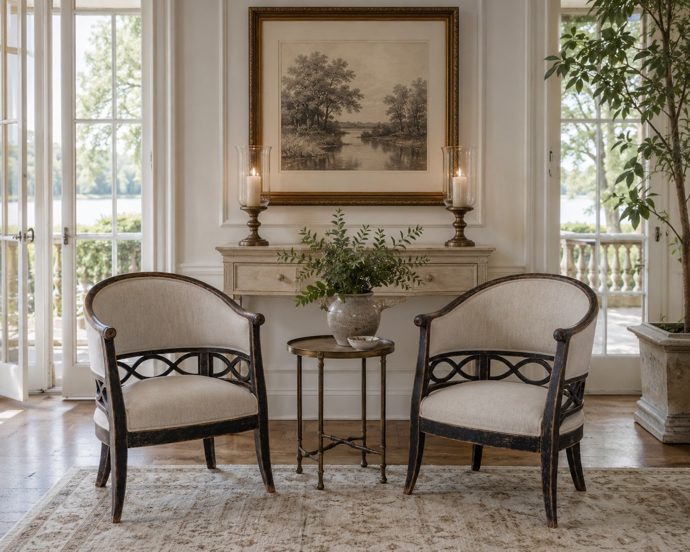 Antique French seating in a Lake Oconee great room - Lake Country Lookbook