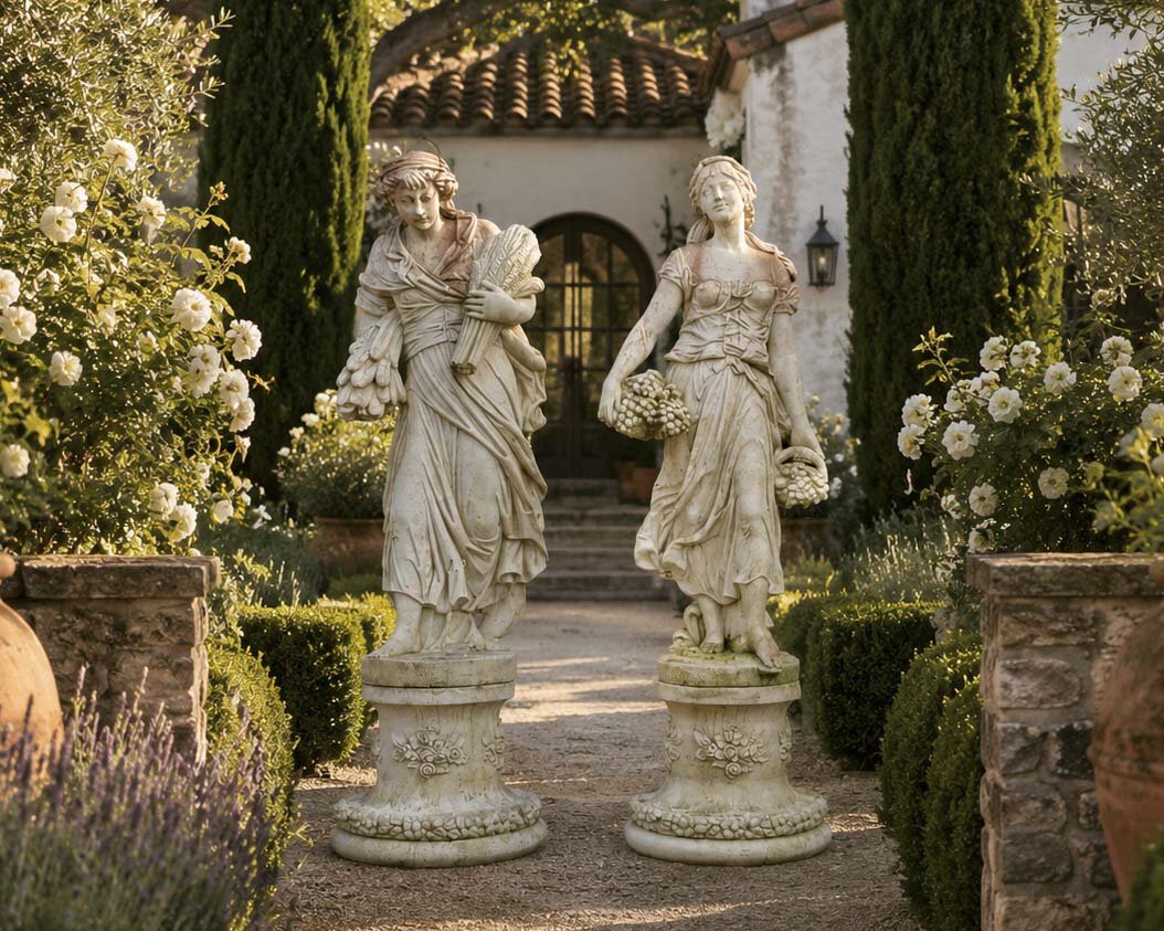 Weathered antique garden statue on a lakefront veranda - Lake Country Lookbook