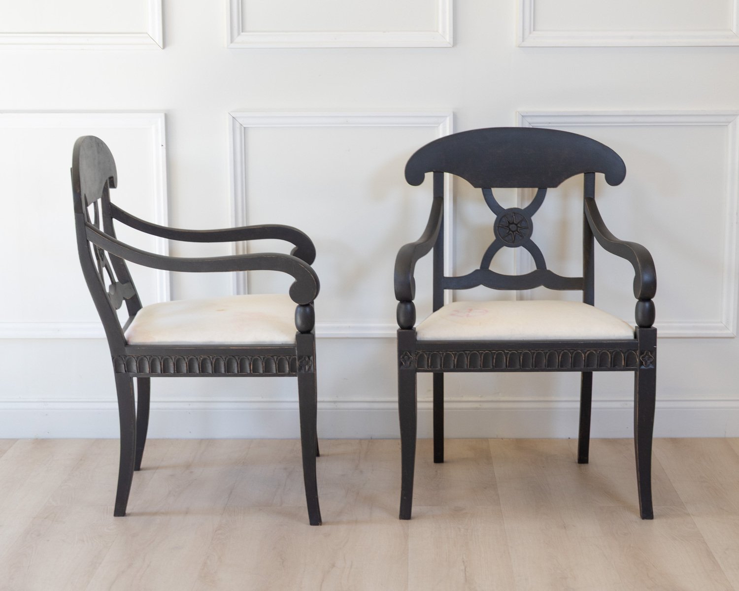 Pair of Swedish Ebonized Neoclassical Armchairs, Circa 1880 - JAA