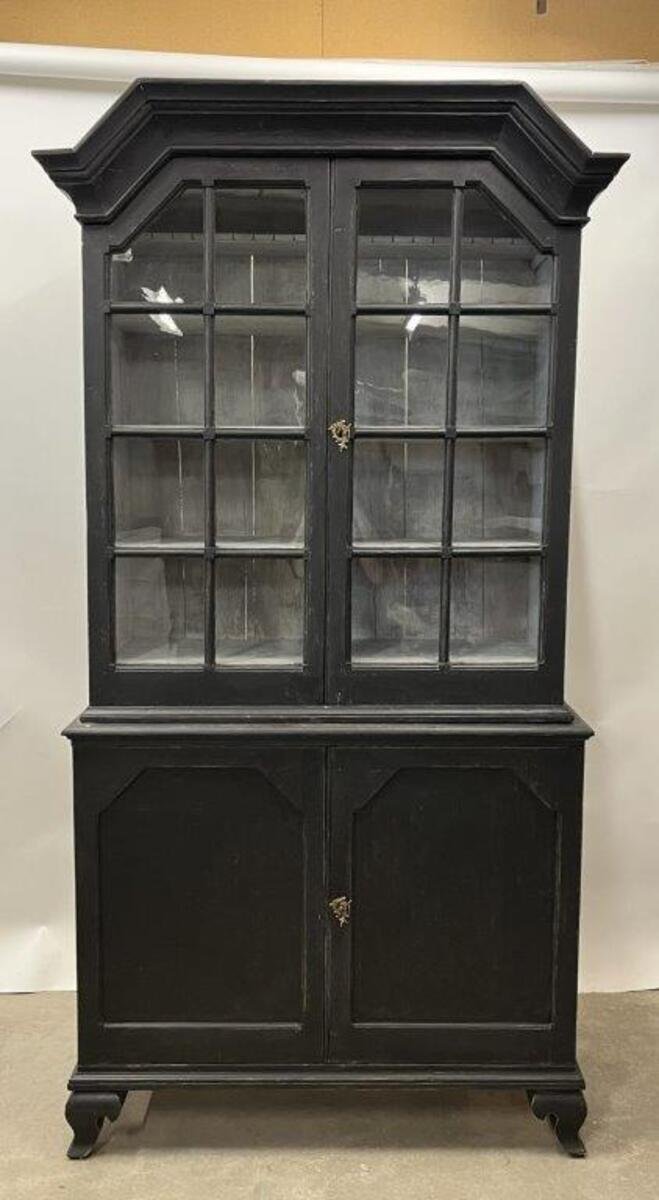 Swedish Black Painted Vitrine with Shaped Cornice, circa 1800 - JAA
