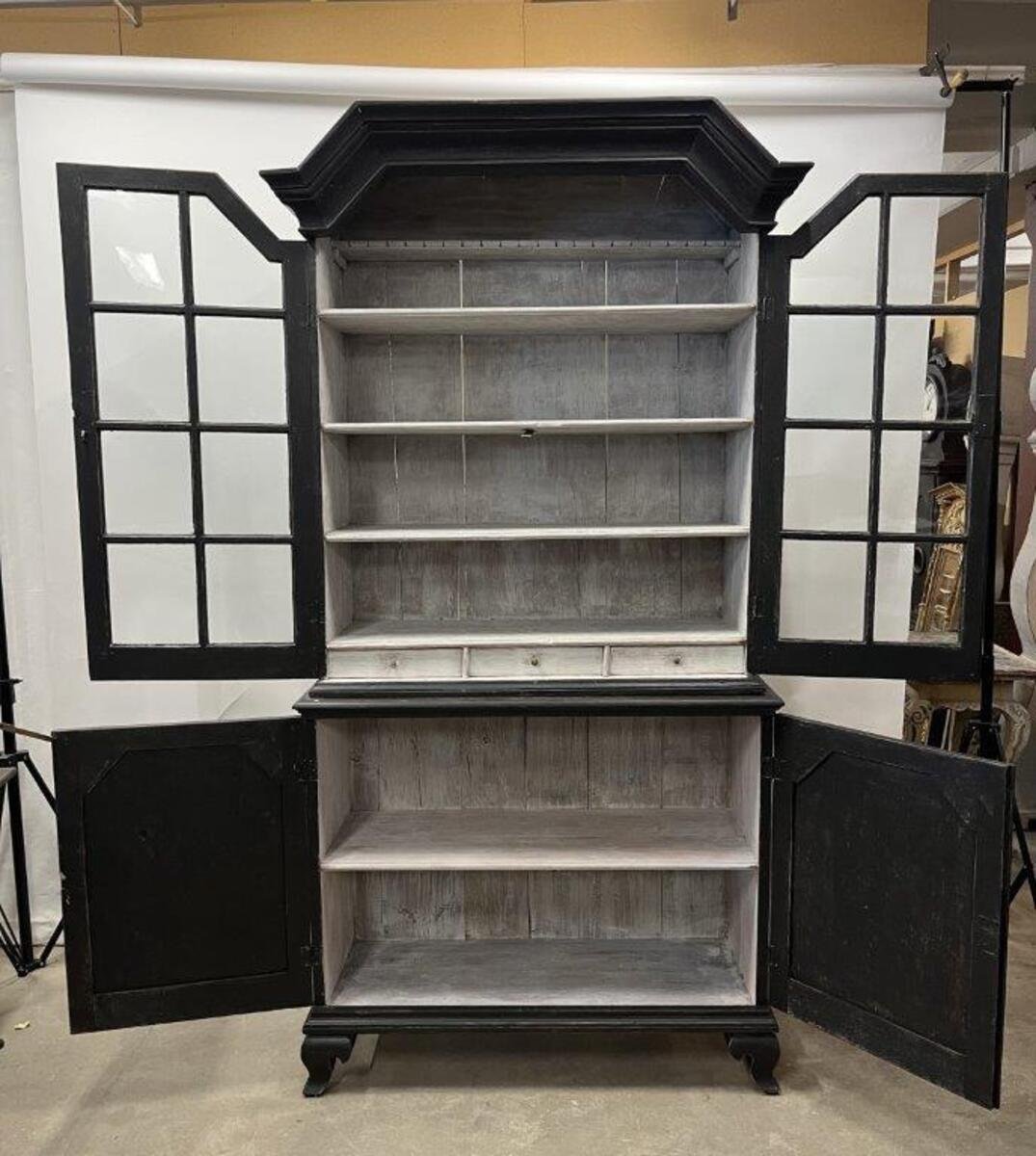 Swedish Black Painted Vitrine with Shaped Cornice, circa 1800 - JAA